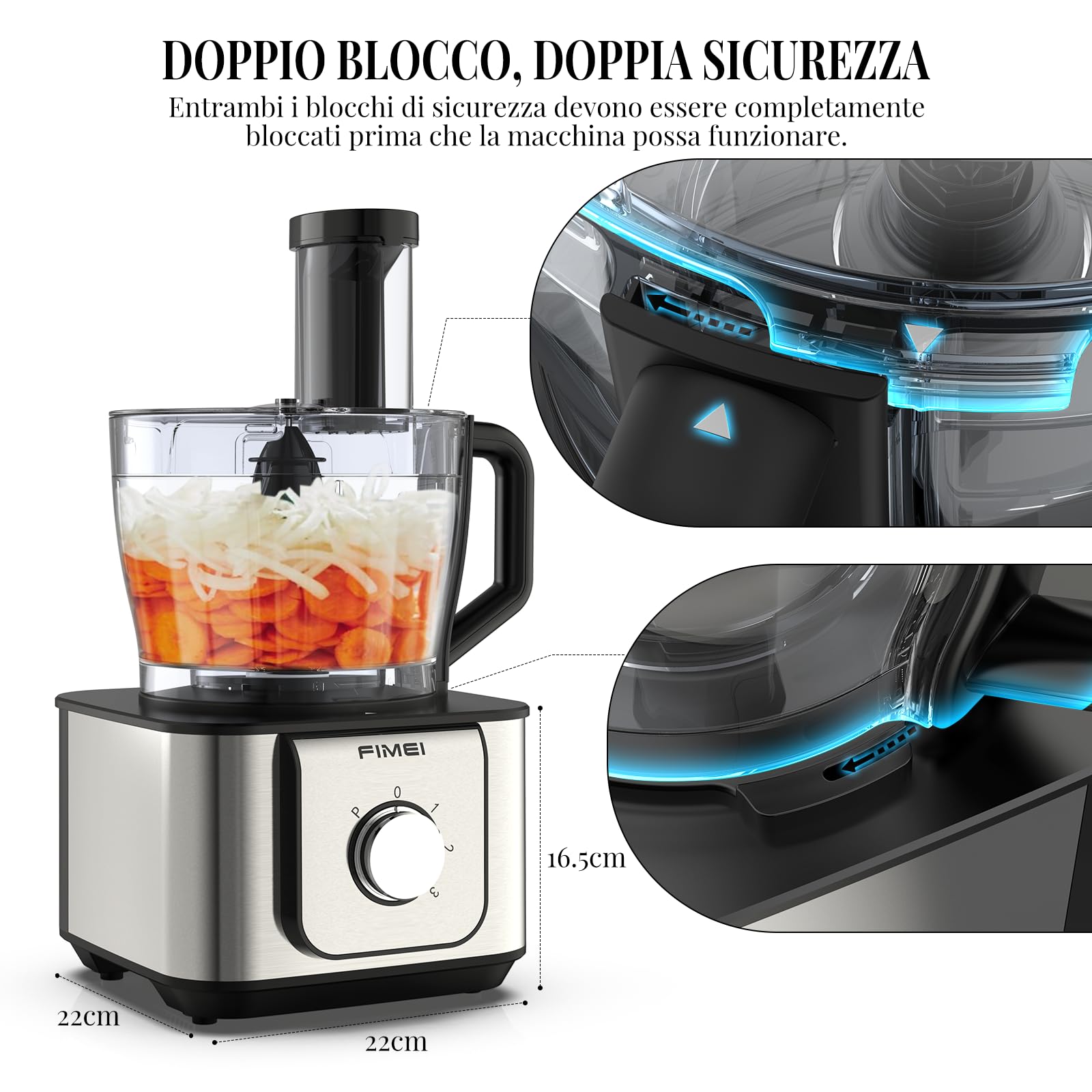 FIMEI Robot da cucina multifunzione 1100W, 3 velocità e funzione Pulse, 3.2L tritatutto, 1.5L frullatore, macinatore, spremiagrumi, impastatrice, grattugia e disco reversibile per affettare