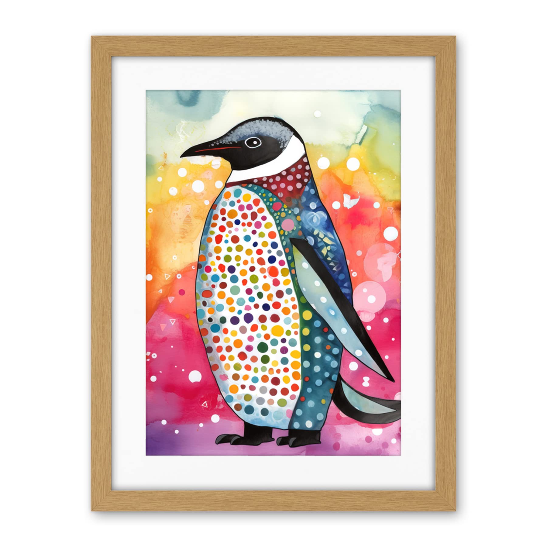 Artery8 Cute Multicoloured Spot Penguin Folk Art Artwork Framed Wall Art Print 18X24 Inch
