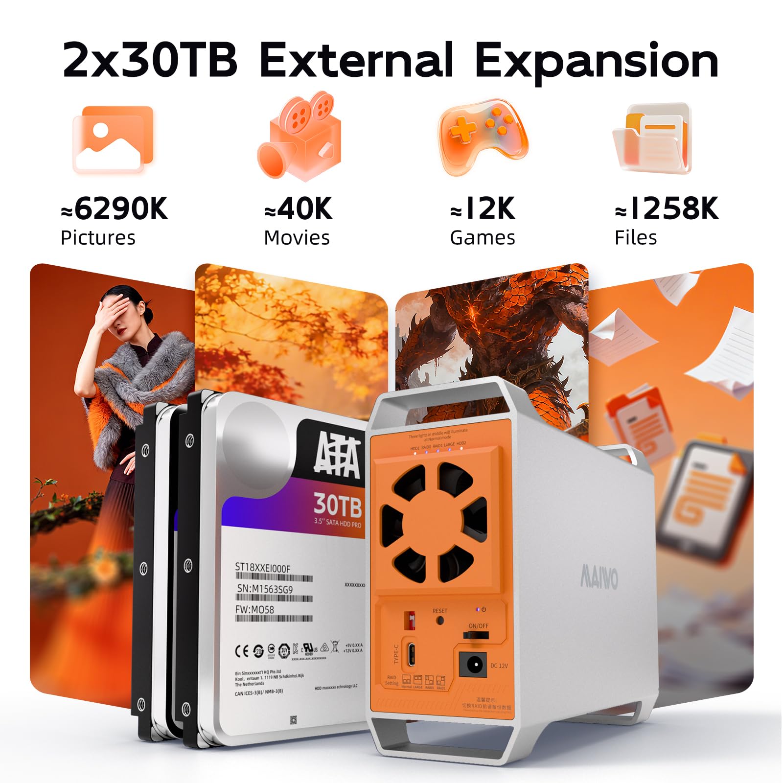 MAIWO Box esterno RAID SATA a doppio alloggiamento per HDD/SSD da 2,5" e 3,5", velocità fulminea 5 Gbps, 1/0/JBOD/NORMAL configurazioni + ventola intelligente a temperatura controllata
