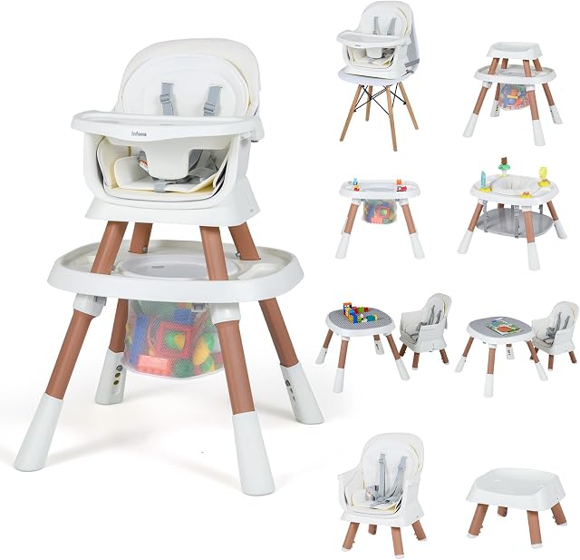 INFANS 9 in 1 High Chair, Convertible Baby Highchair for Babies and Toddlers, Table and Chair Set Building Block Infant Dining Booster Seat, Kids Stool with Activity Children Play Kitchen (Beige)