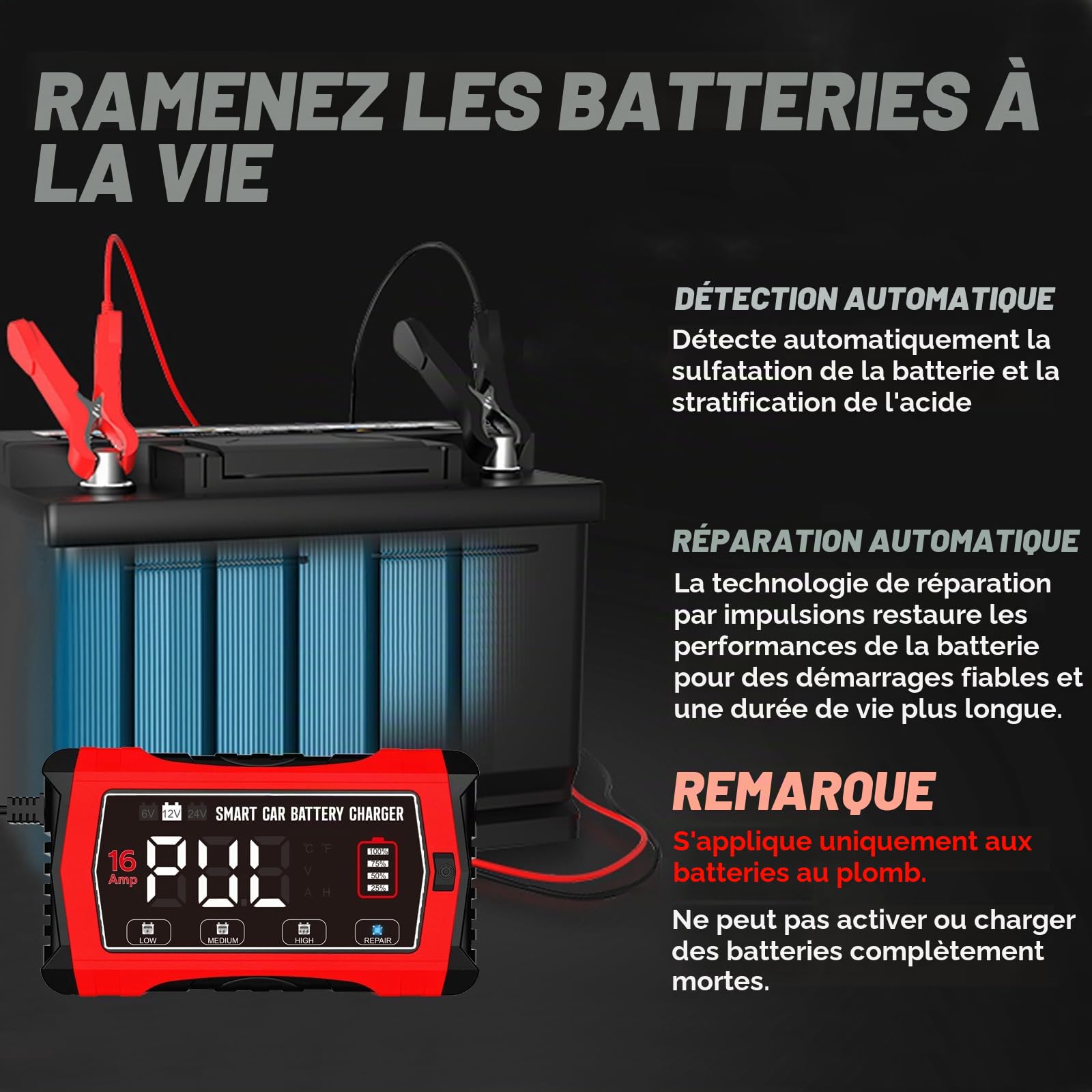 HTRC Chargeur Batterie Voiture 16A 6V/12V/24V pour AGM, Gel, EFB, LiFePO4 | Chargeur de batterie voiture : 3 niveaux de courant, compensation thermique, maintien et réparation par impulsions pour moto