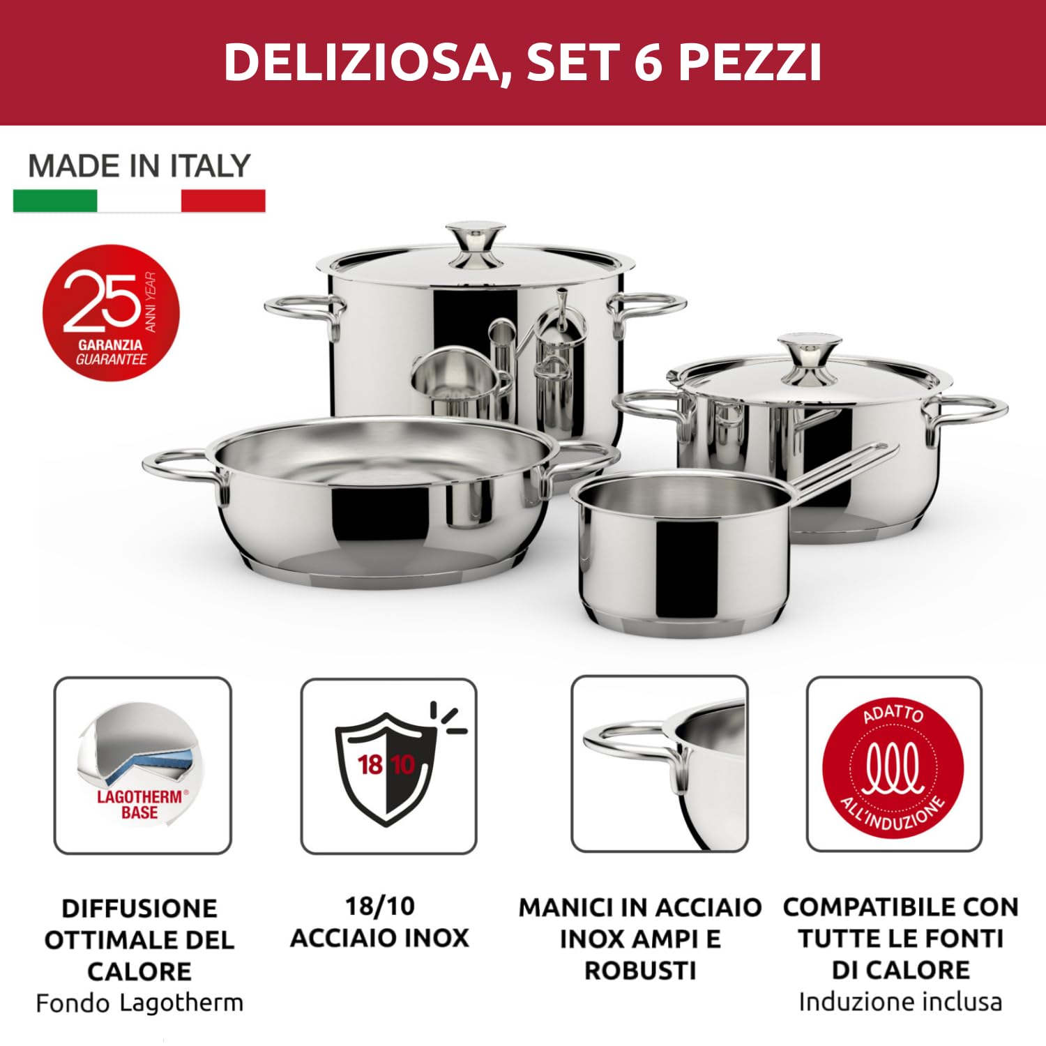 Lagostina Deliziosa Set di Pentole Induzione, Gas e Forno in Acciaio Inox 18/10, 6 Pezzi, Fondo Lagoseal Plus, Batteria di Pentole con 2 Casseruole Fonde, Casseruola Bassa, Pentola, 2 Coperchi