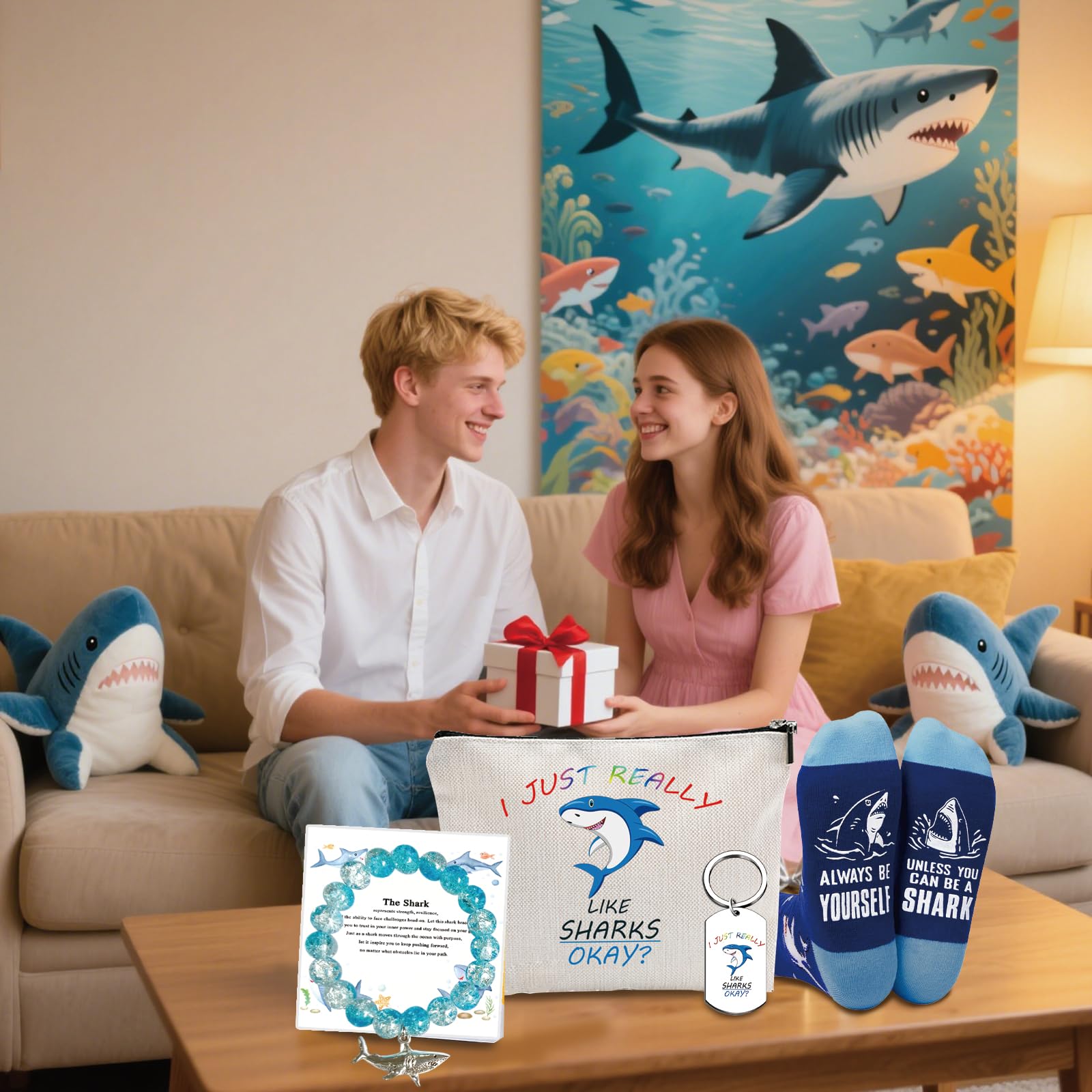 Shark Gifts for Women – 4 PCS Set Includes Makeup Bag, Socks, Bracelet, and Keychain – Funny Shark Gifts for Ocean Lovers, Girls, Birthday or Christmas