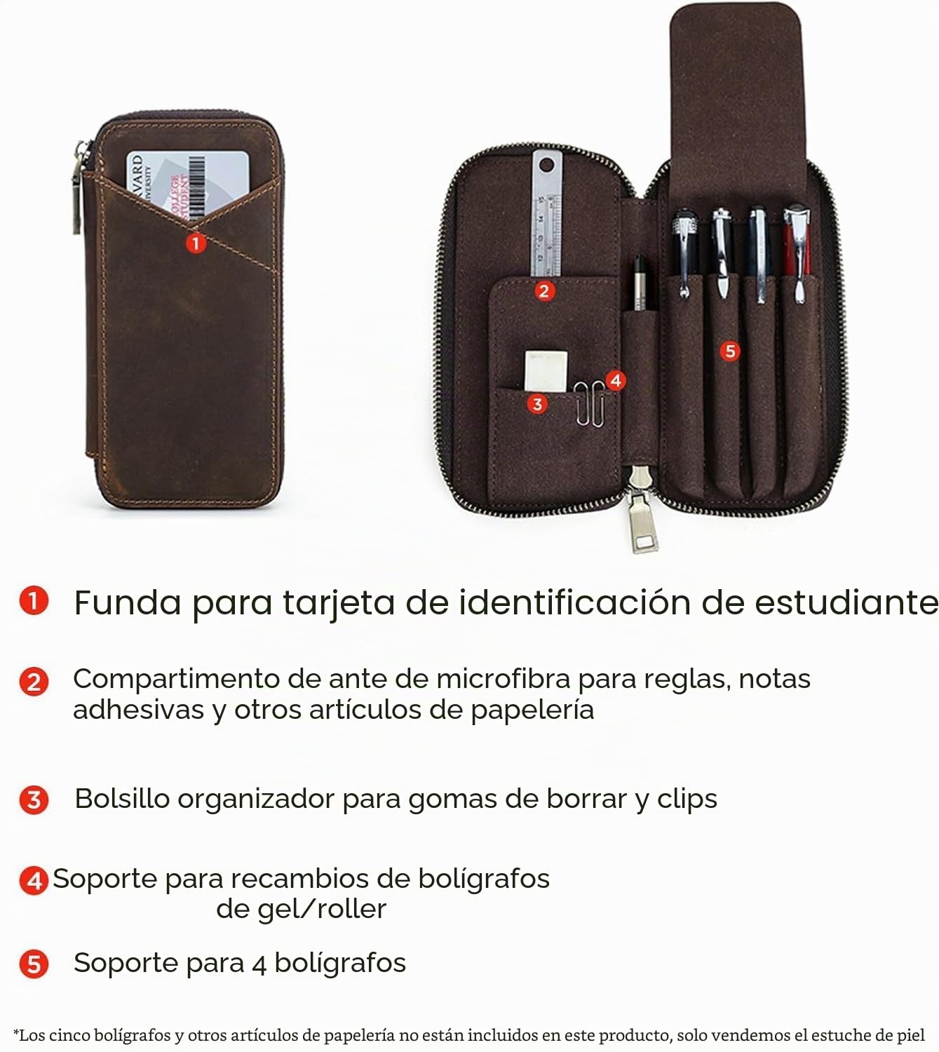 Contacts Estuche de piel auténtica hecho a mano, soporte vintage para bolígrafos, funda protectora para viajes, elegante accesorio de escritorio, caja organizadora de lápices, marrón oscuro, 19 cm x