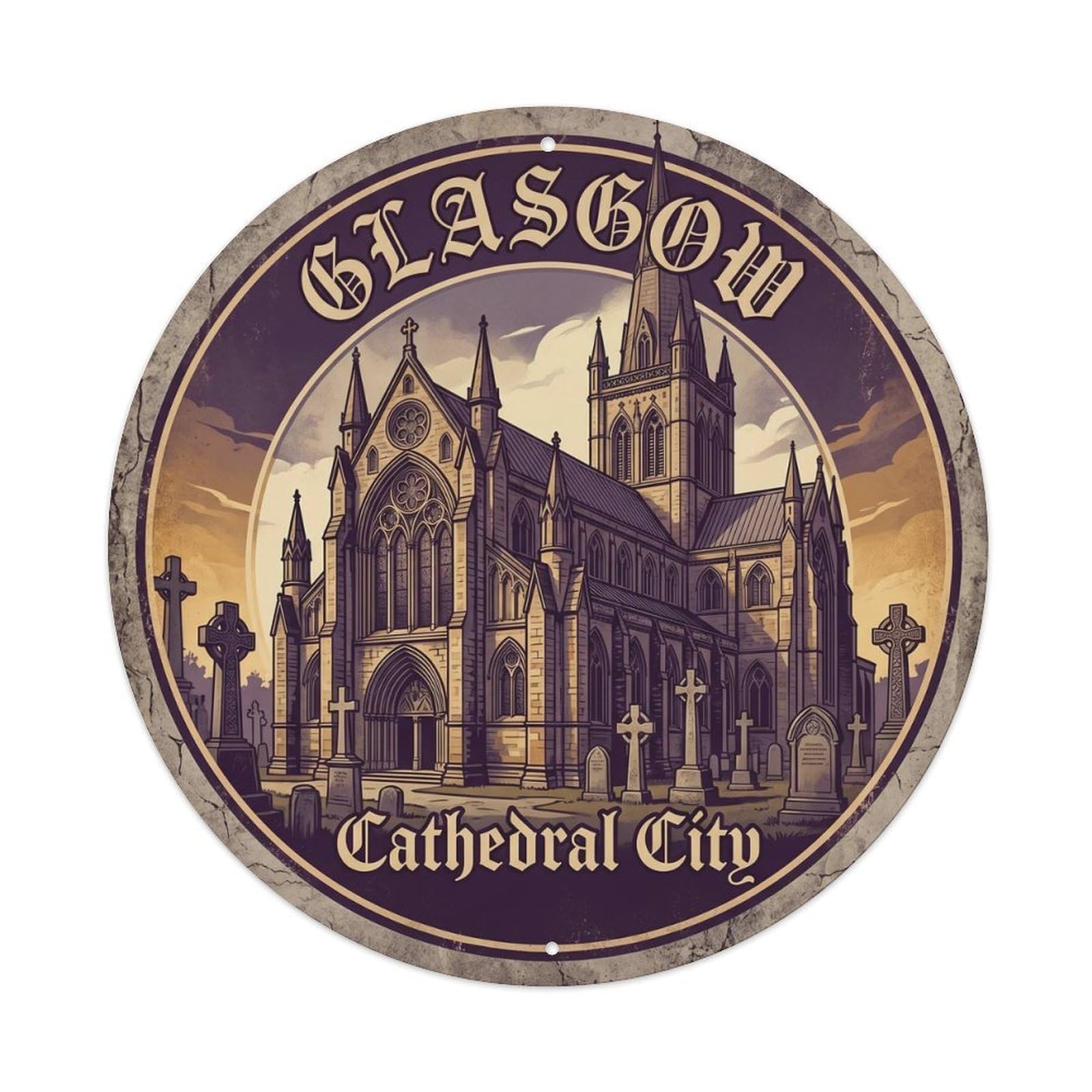 Vintage Travel Glasgow Cathedral Scotland 1 Metal Tin Sign Plaque Wall Decor for Cafe, Club, Garden Round Metal Poster 8x8Inch