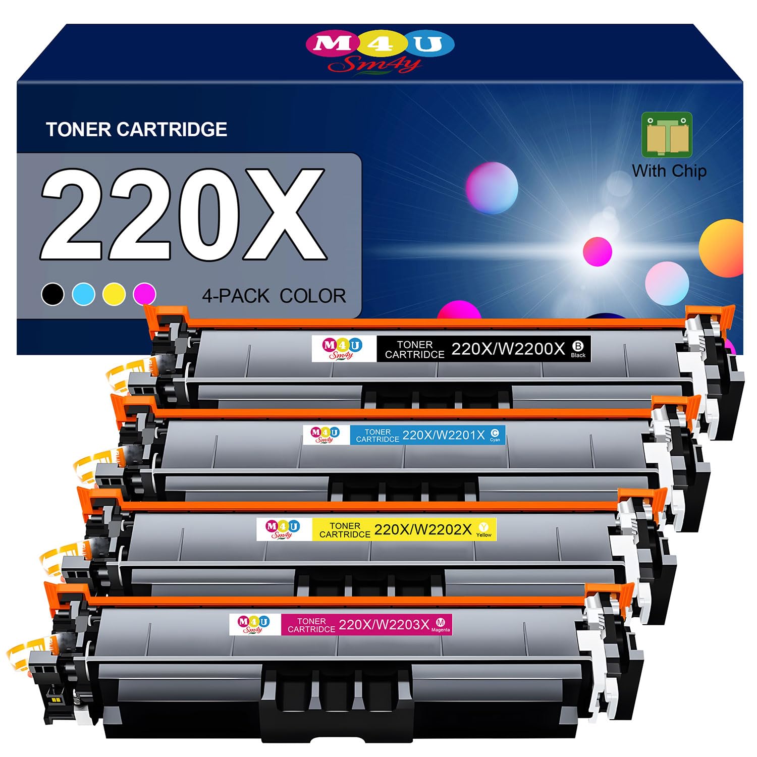220X Cartouches de Toner (avec Puce) compatibles avec Les modèles 220X W2200X 220A W2200A, pour Color LaserJet Pro MFP 4302dw 4302fdw 4202dw 4202dn 4302fdn (Noir Cyan Jaune Magenta)