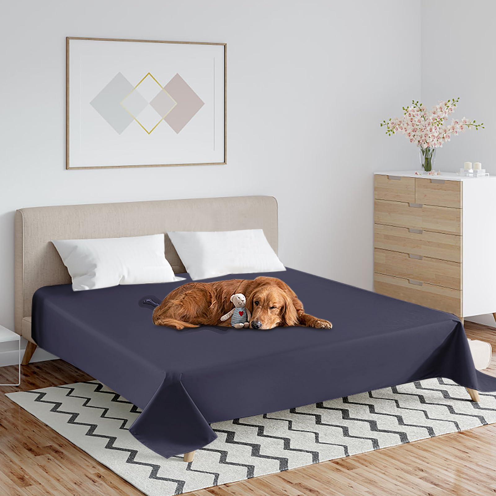 Copriletto impermeabile e traspirante, in microfibra spazzolata + TPU, per letto matrimoniale, antigraffio, lavabile, coperta protettiva per cani, gatti e bambini (colore blu navy, 230 x 250 cm)