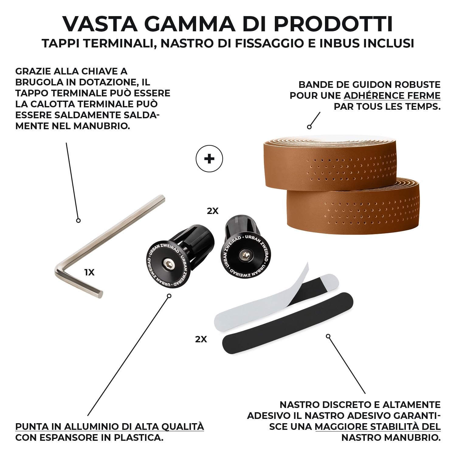 URBAN ZWEIRAD Premium Extra Dry - Nastro manubrio bici corsa - Nastro bici da corsa manubrio autoadesivo incl. terminali alluminio - nastro per manubrio bici da corsa e gravel (marrone)
