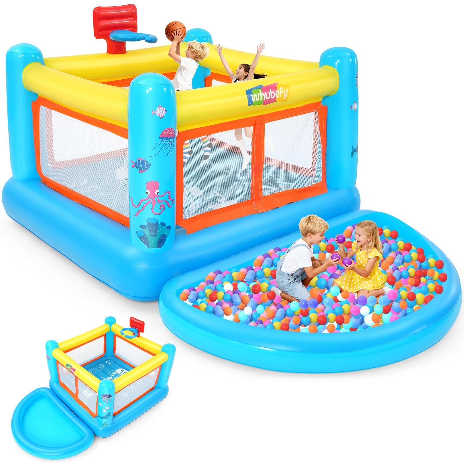 AKEYDIY Castello gonfiabile in PVC, per bambini di età compresa tra 3 e 6 anni, con piscina di palline rimovibile, cestino da basket e piano di gioco