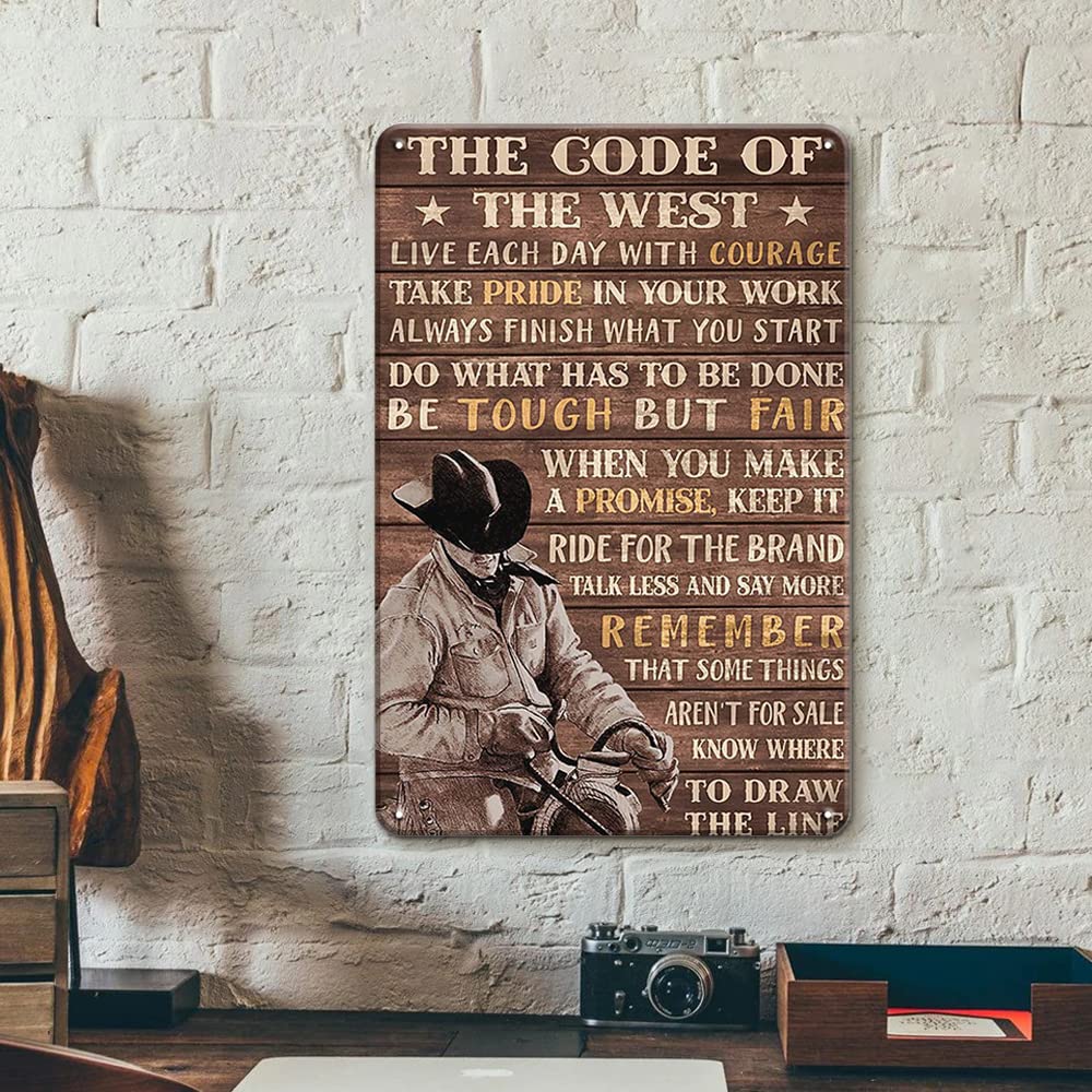 YOYI ART Western Cowboy Decor Tin Signs - The Code of The West, Rustic Vintage Sign for Cowboy Room, Boys Room, Man Cave, Party, Basement Wall Art Decor, Cool Western Gifts for Men Boys, 8 x 12 inch