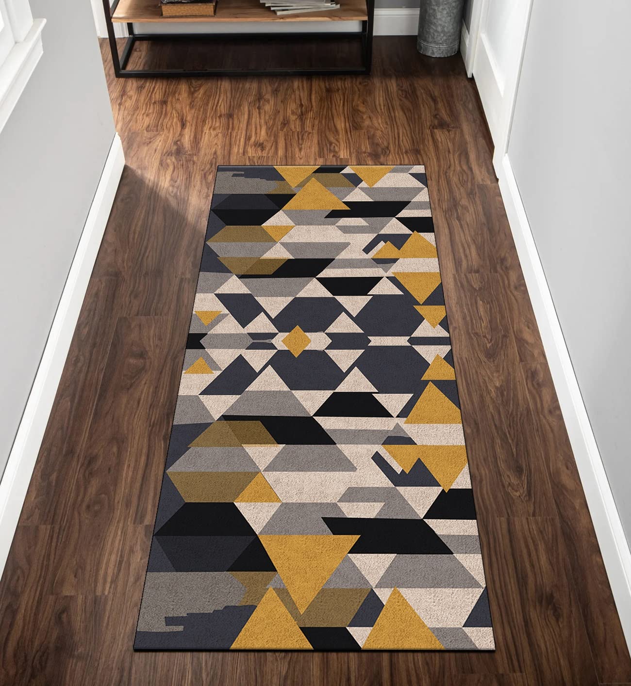 Wykładzina dywanowa, antypoślizgowy, nadaje się do prania, 90 x 180 cm, niebieski, beżowy, żółty, geometryczny, dywan do kuchni, bieżnik na korytarz, towar sprzedawany na metry, do sypialni, korytarza, 40-120 cm szerokości, regulowany rozmiar