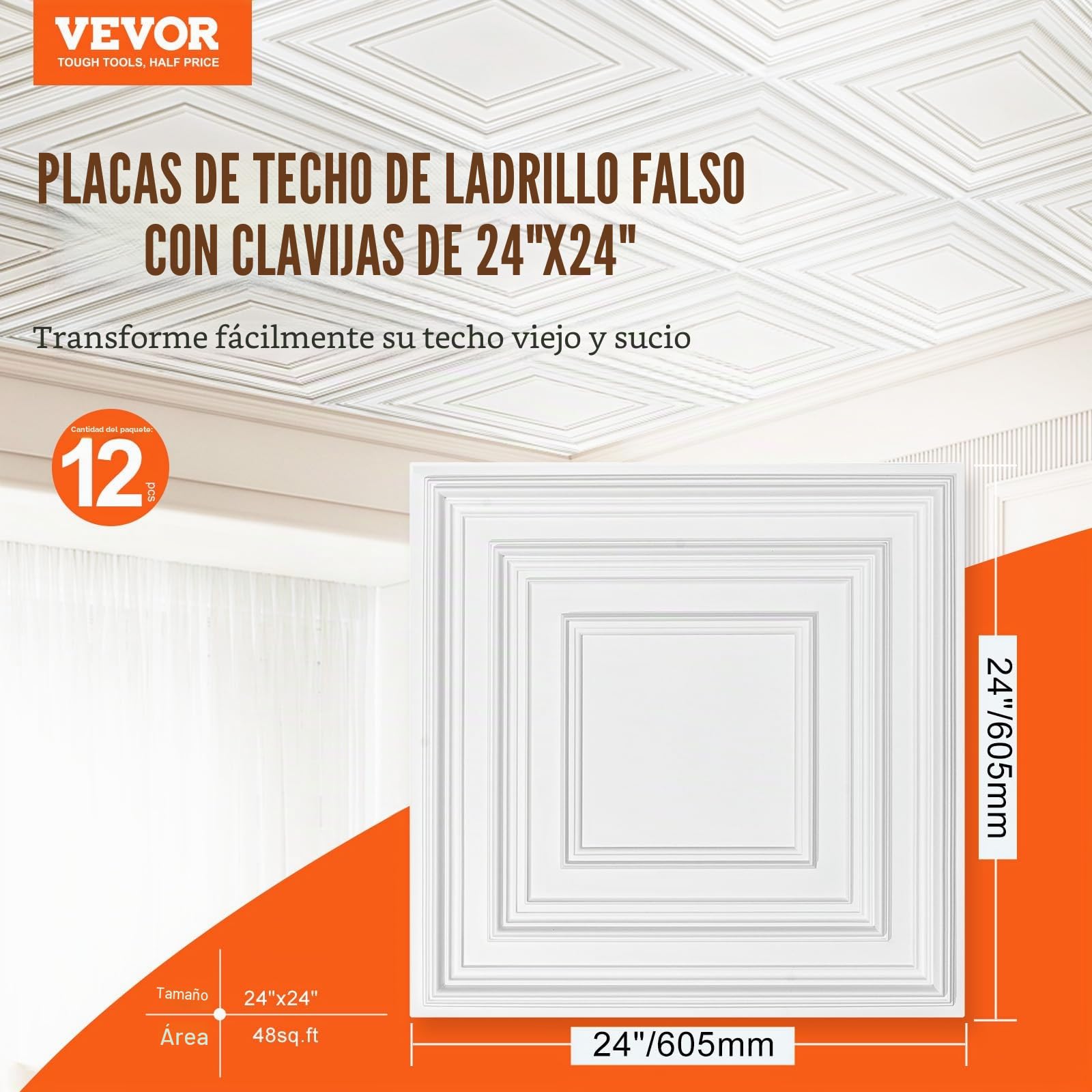 VEVOR Paneles para Techo Suspendidos, Paquete de 12, Láminas de PVC de Primera Calidad, Fácil Instalación/Corte, Plástico, para Decoración del Hogar/Oficina, Patrón de Clavijas Blancas, 605 x 605 mm