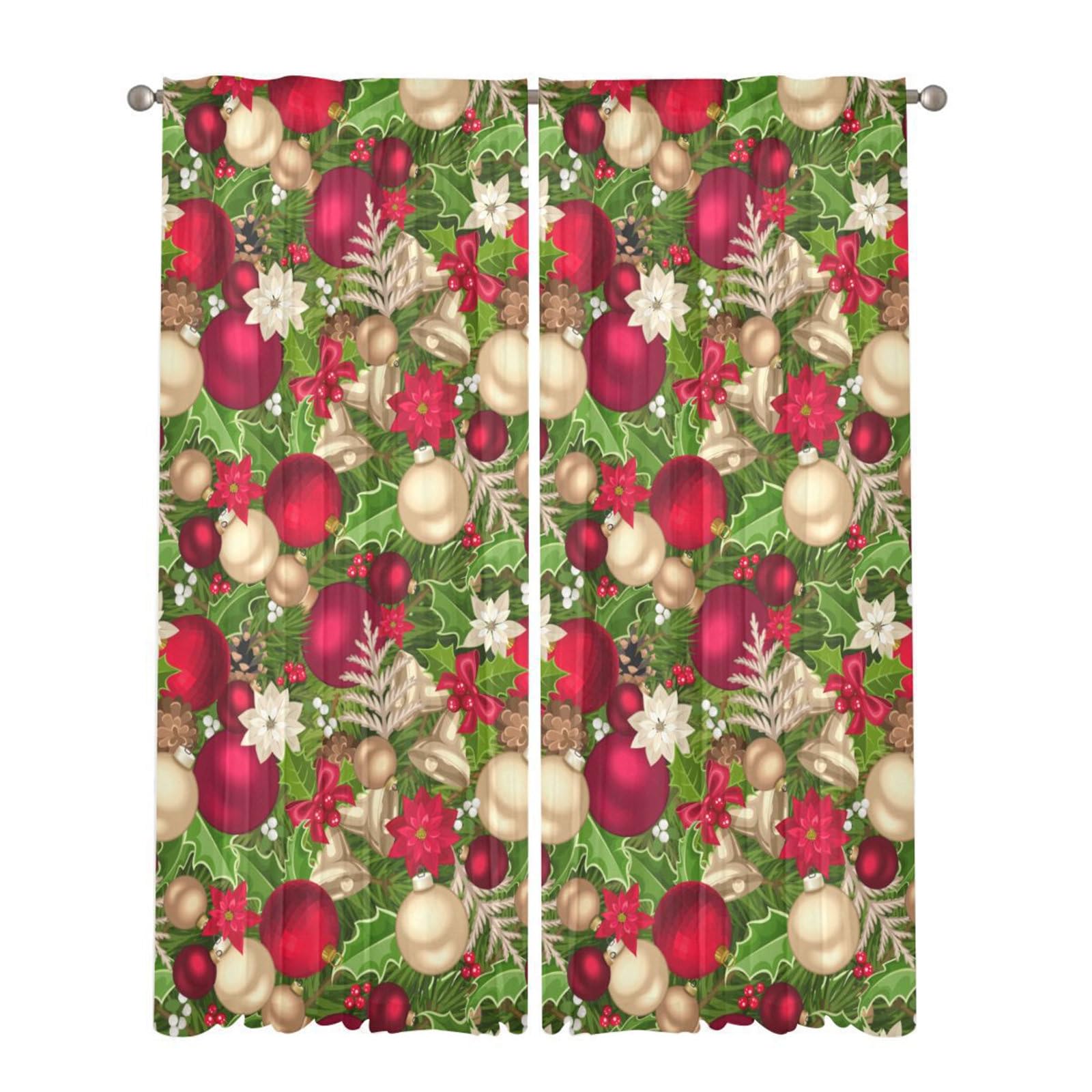 Surwin Translucidas Cortinas Salon, Dormitorio, Cocina - Cortinas y Visillos Navidad Brillante, Visillos Cortos para Ventanas, 2 Piezas Cortina con Ojales (W132xH182cm,Bola de Navidad)