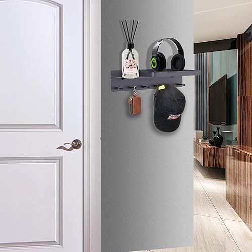 Miniatura 5 de Soporte para llaves decorativo de pared, organizador de correo con estante, colgador de llaves con 6 ganchos para bolsas, abrigos, paraguas, llaves