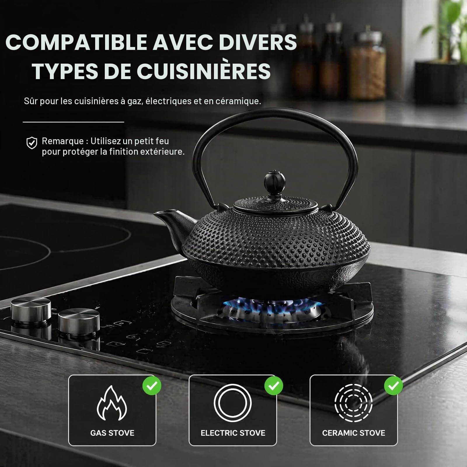 Théière traditionnelle japonaise en fonte - Noire - 800 ml | Design lourd, motif texturé, style asiatique avec intérieur émaillé et passoire à thé en acier inoxydable