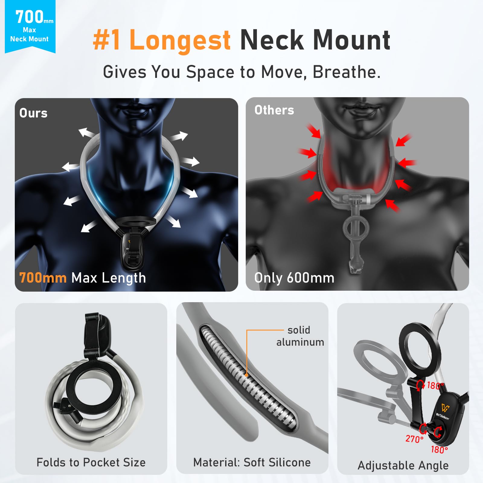 Soporte para teléfono de cuello manos libres, soporte magnético para el cuello para una cómoda grabación de vlogs y POV sobre la marcha, 700 mm extendido para mayor comodidad, esencial para creador de