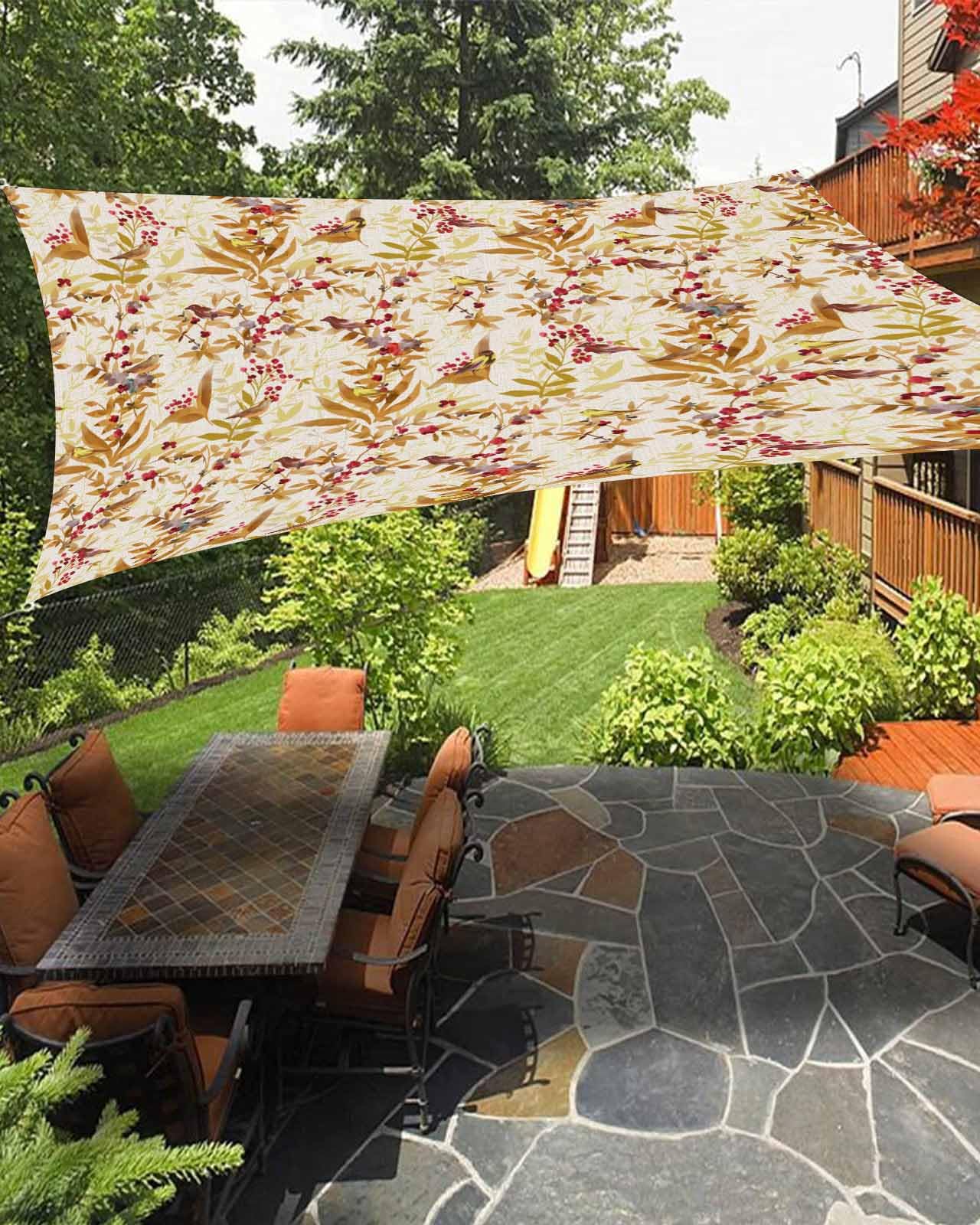 Fall Botanical Sun Shade Sail Waterproof Rectangle, UV Block Sail Shade Canopy Awning Outdoor Oxoford Privacy Shade Cover for Patio Pergola Deck Backyard 6.5'x10' Watercolor Thanksgiving Birds Leaf