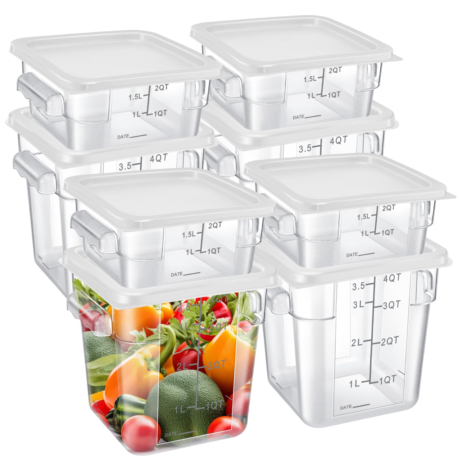 Suclain Juego de 8 recipientes de almacenamiento de alimentos con tapas, 2 cuartos y 4 cuartos de galón, recipientes comerciales cuadrados transparentes con asas de báscula para el hogar, restaurante,