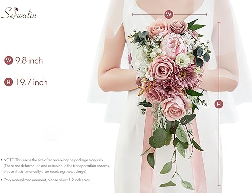 Miniatura 3 de Serwalin Ramos de boda de 9.8 pulgadas para novia y dama de honor, peonías rosa empolvado, ramos de flores de novia para boda, ramo de lanzamiento,