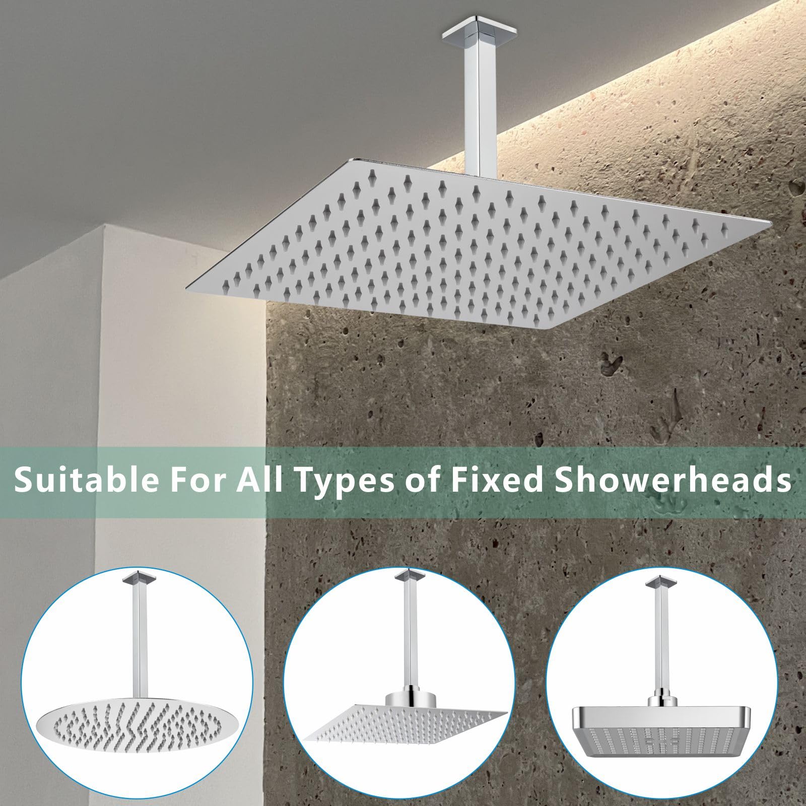Voolan Braccio doccia con flangia, tubo doccia fisso montato a soffitto, braccio di ricambio dritto per doccia a pioggia in bagno, attacco universale 1/2 NPT (30 cm, quadrato)