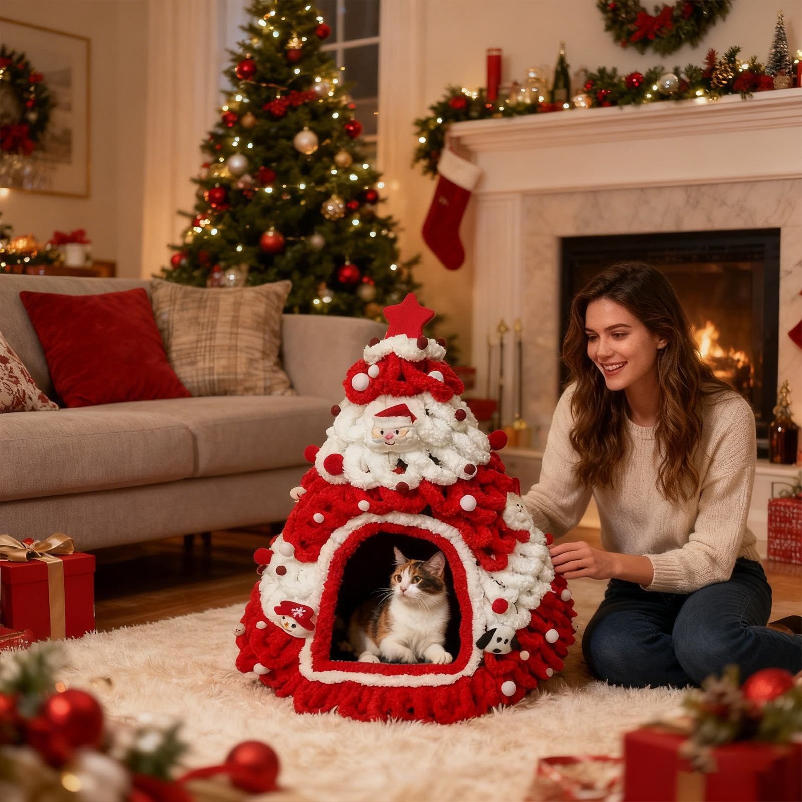 Cuccia per gatti a forma di albero di Natale, semi-chiusa, invernale, calda, a forma di albero di Natale, per gattini, piccoli animali domestici, per interni ed esterni, casa e inverno
