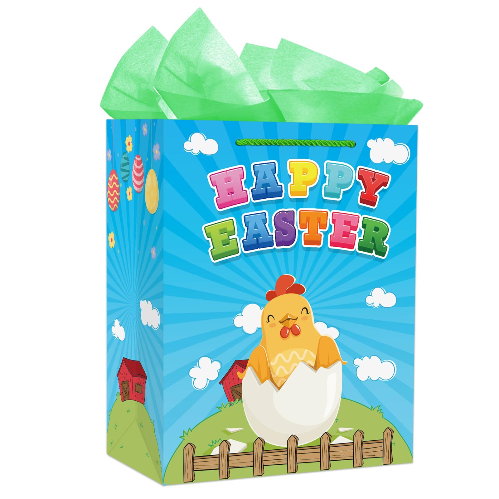 D24TIME Easter Gift Bags with Handles and Tissue Paper for Kids 11.5" - Large Easter Eggs Chick Wrapping Paper Gifts Bags Spring Gifts Treat Bag