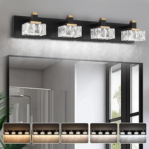 Luces de tocador de baño sobre espejo, 4 luces regulables 5CCT, luces LED de tocador de cristal negro y dorado, iluminación de pared de 29.92