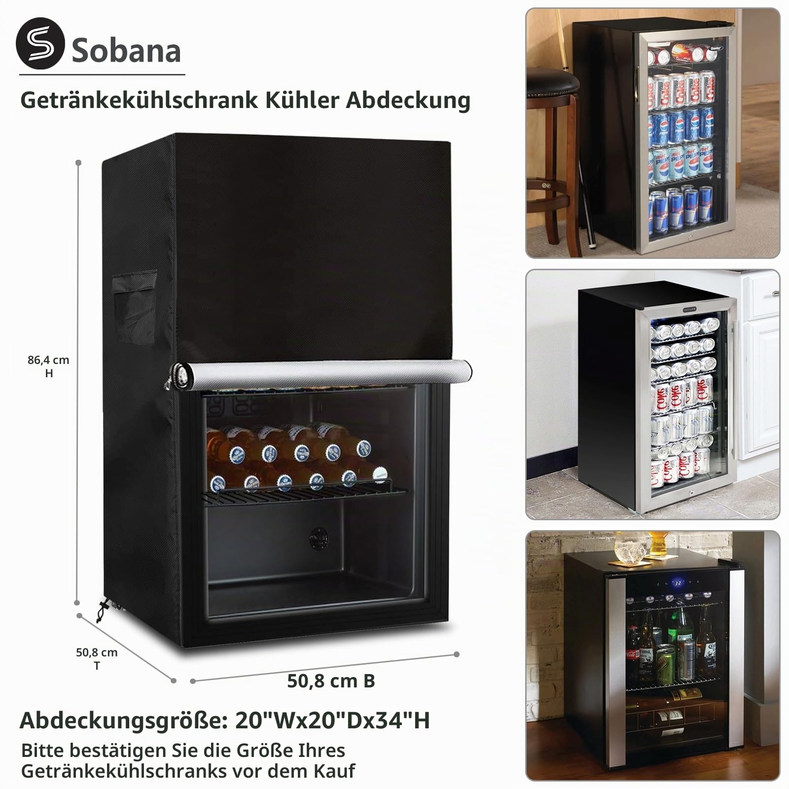 Getränke-Kühlschrank- und Kühler-Abdeckung für die meisten 3,2 Cu.ft Bier- oder Wein-Mini-Kühlschränke, wasserdicht, staubdicht, Anti-UV-Seiten, Reißverschluss kann geöffnet werden (50,8 cm B x