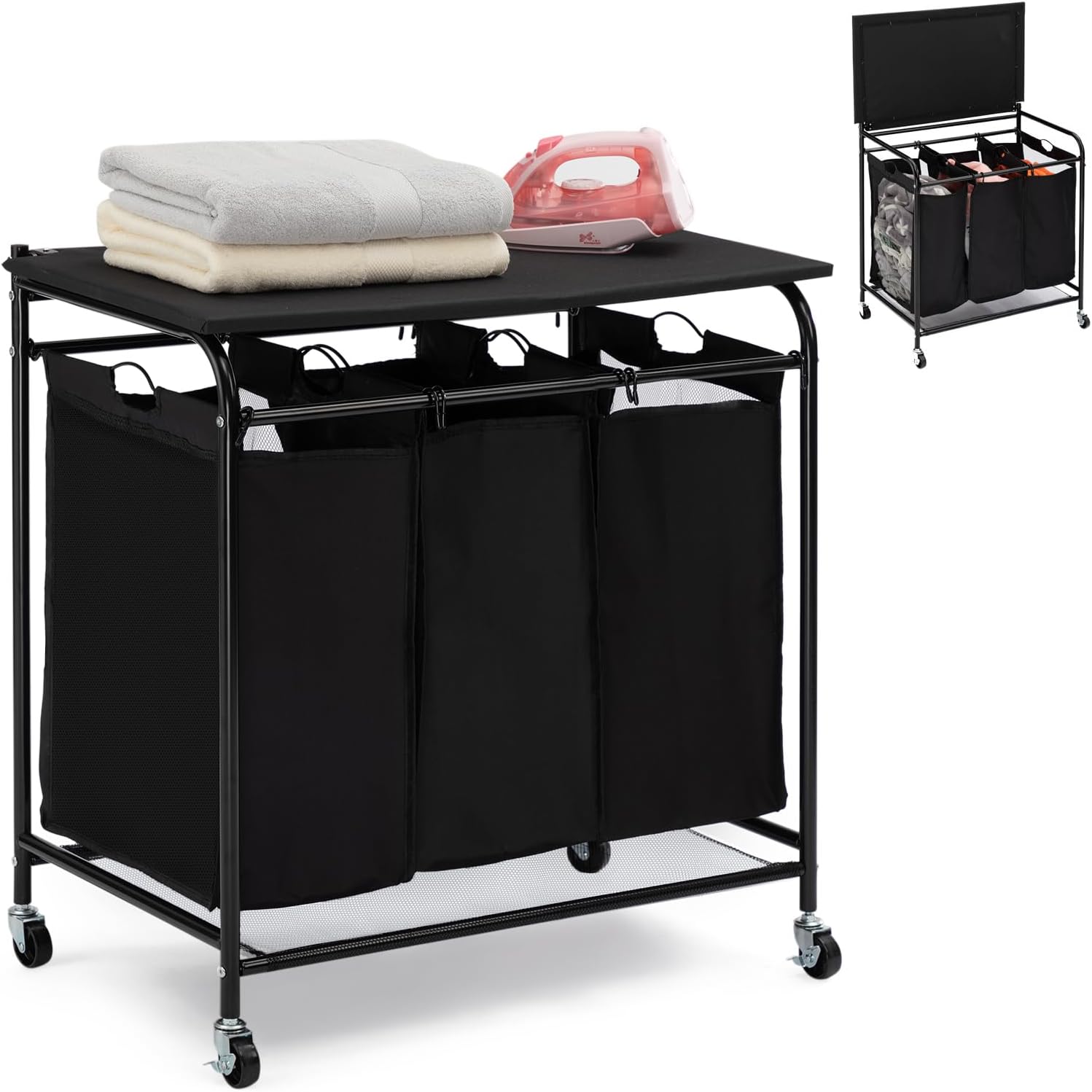 PARANTA 3-Bags Laundry Sorter Cart with Foldable Ironing Board Rolling ...