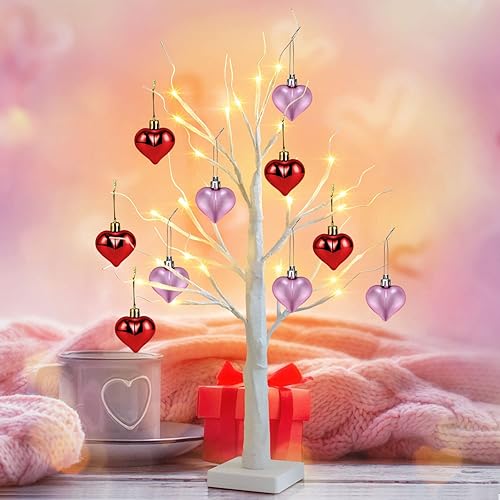 FastDeng Árbol de San Valentín blanco de 2 pies, árbol de abedul preiluminado con 10 adornos en forma de corazón rosa y rojo, 24 LED blanco cálido,