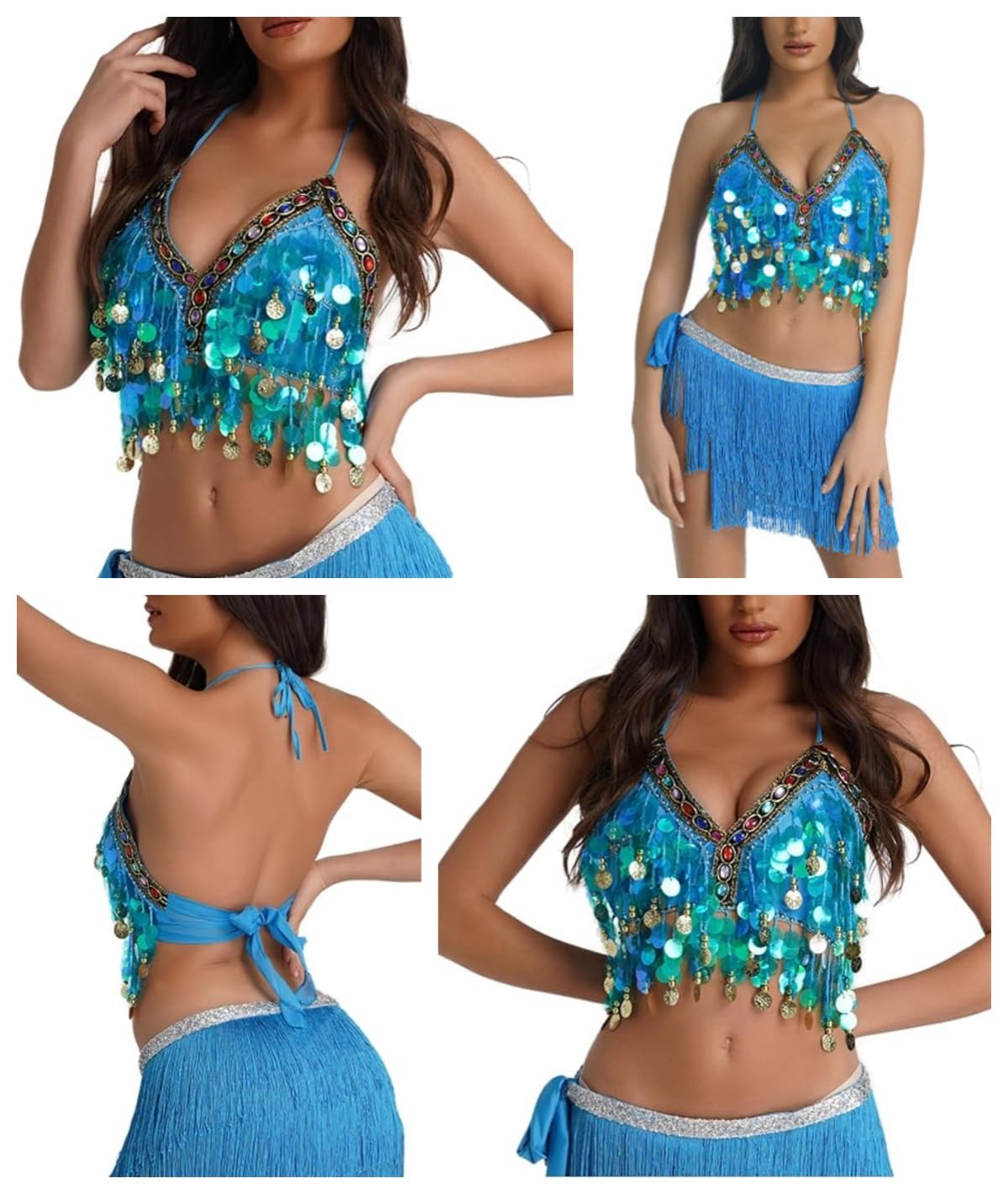 Sujetador con lentejuelas para danza del vientre, top corto brillante cuello halter flecos