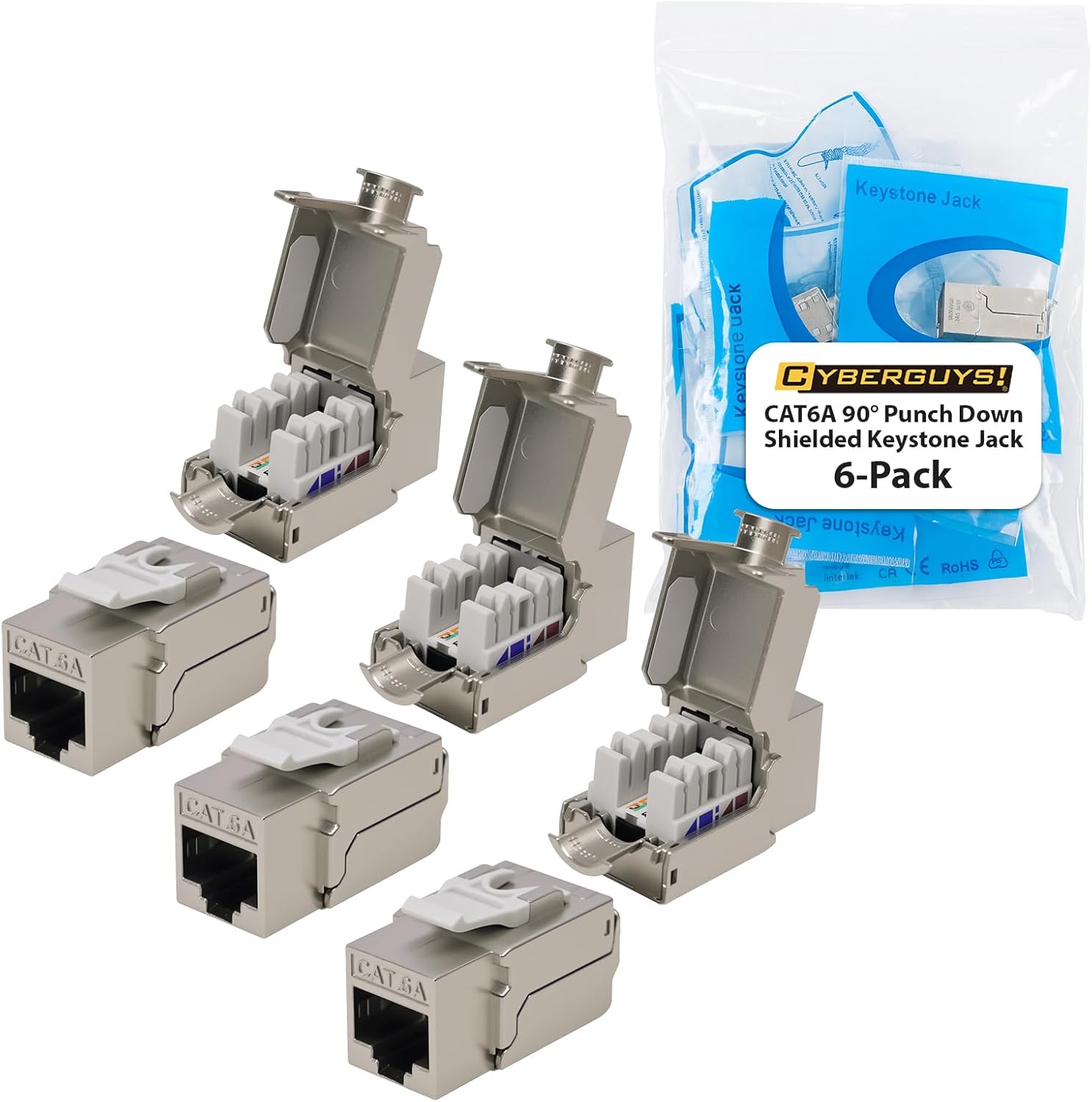 Cyberguys 90° Shielded CAT 6A Keystone Jacks 6-Pack, Die-Cast Metal Housing, 10Gbps High-Speed 90-Degree Punch Down RJ45 Connector w/Detachable Dust Shutter, Supports 23–26AWG STP Cables, ULCertified