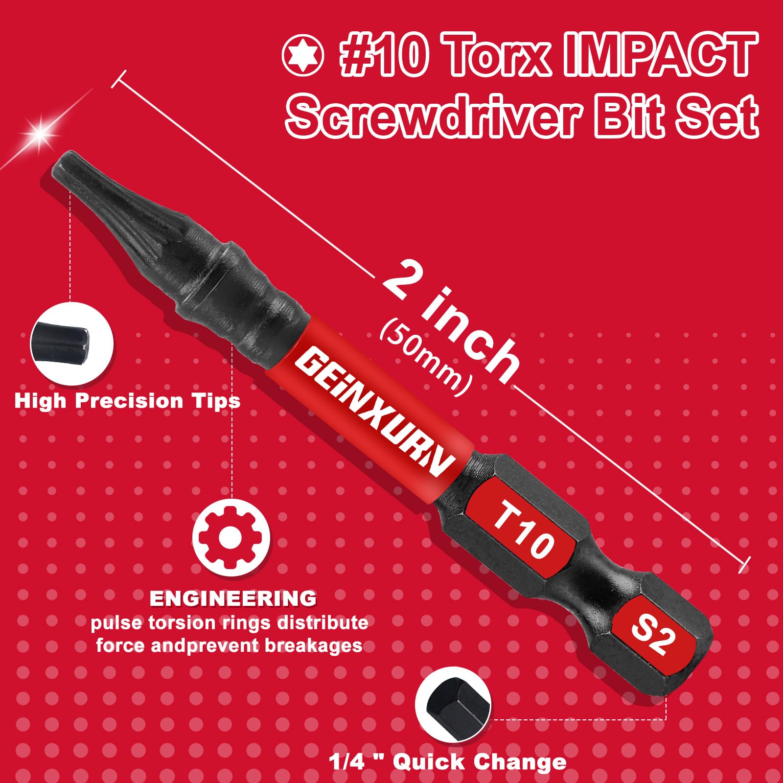 Geinxurn Juego de 51 brocas magnéticas resistentes al impacto T10 de 2 pulgadas, 10 puntas de potencia de cabeza Torx, juego de puntas de destornillador S2 de aleación de acero Star T10 con 1 soporte