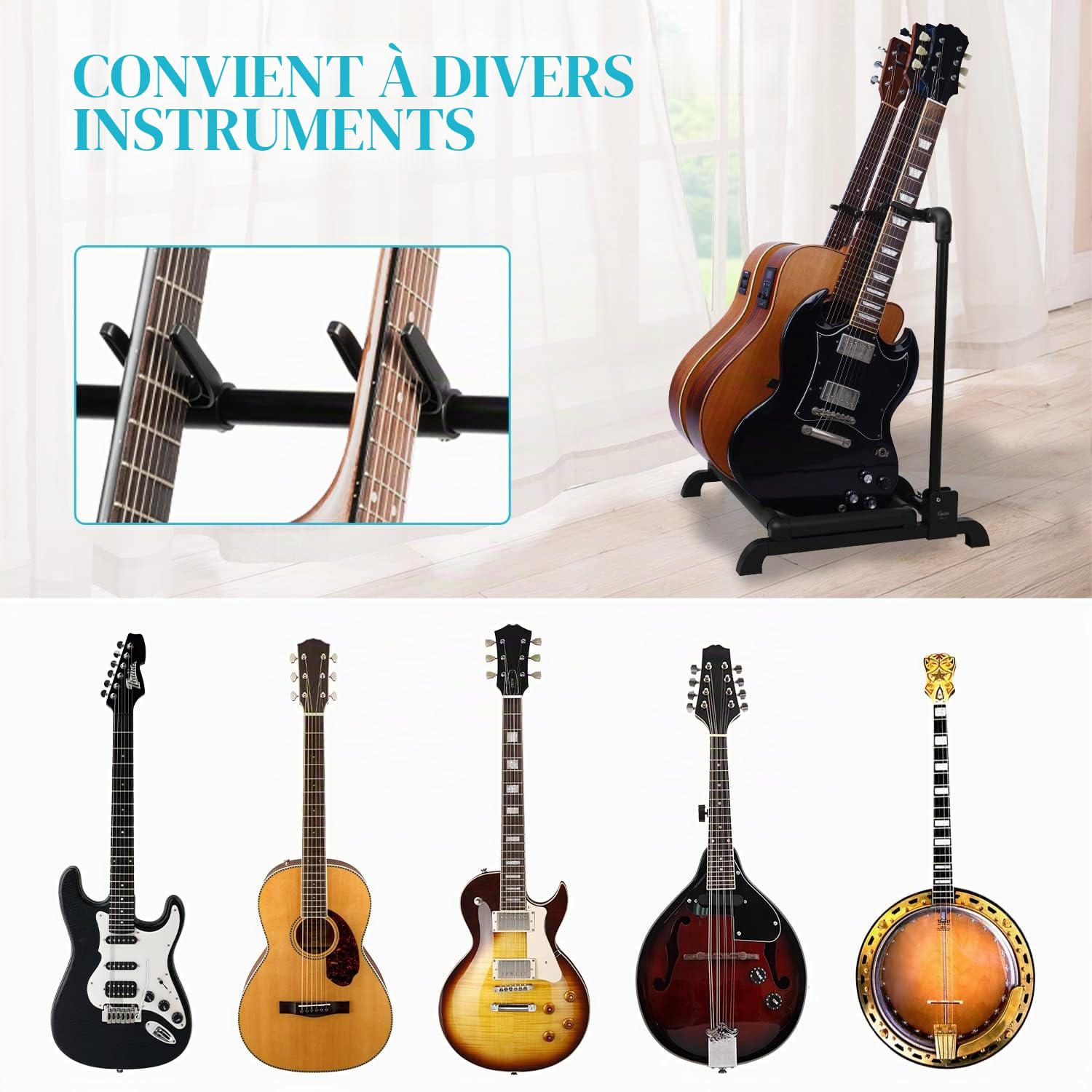 GUITTO GGS-12 Support de guitare multifonction pliable universel Support de guitare portable pour ruban, scène, basse, guitare acoustique, 3 supports