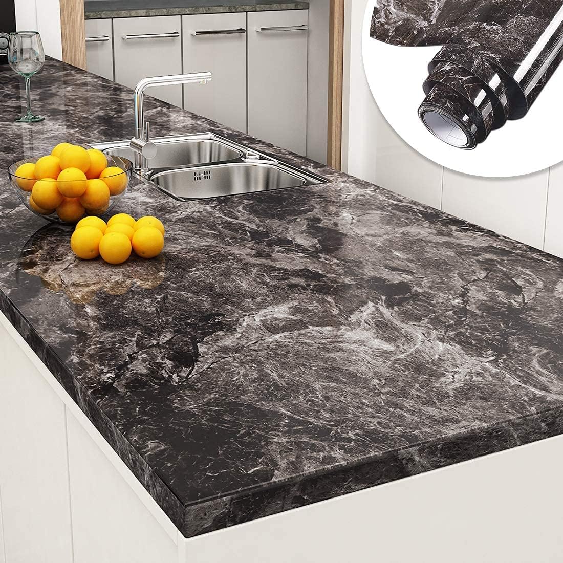 YENHOME Bathroom Counter Top Peel and Stick Waterproof 24"X200" Black Brown Marble Contact Paper Peel and Stick Countertops Contact Paper for Kitchen Self Adhesive Marble Vinyl Wrap for Cabinets Desk