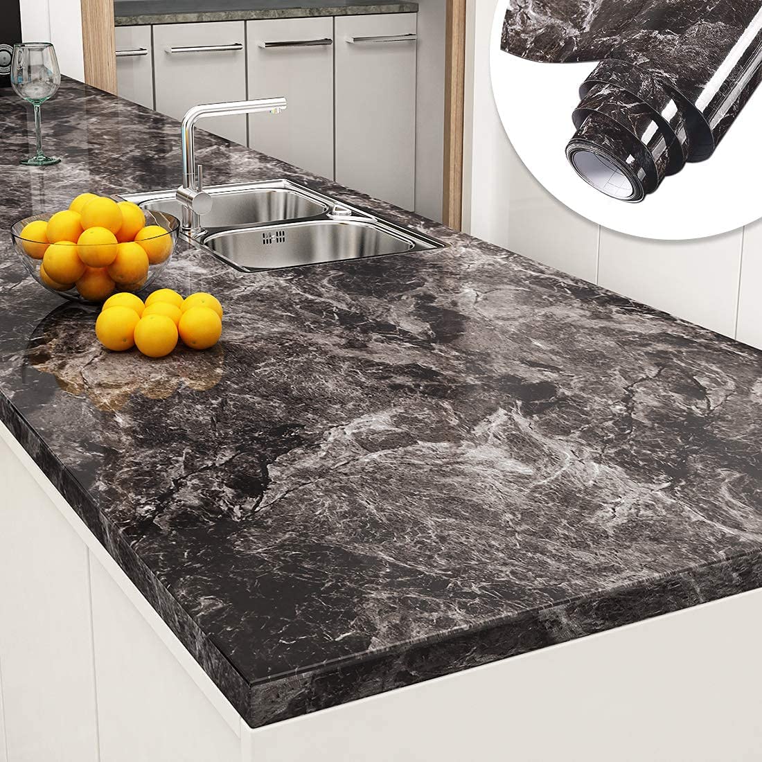 Encimera de mármol autoadhesivo impermeable negro para renovar superficies de cocina y baño