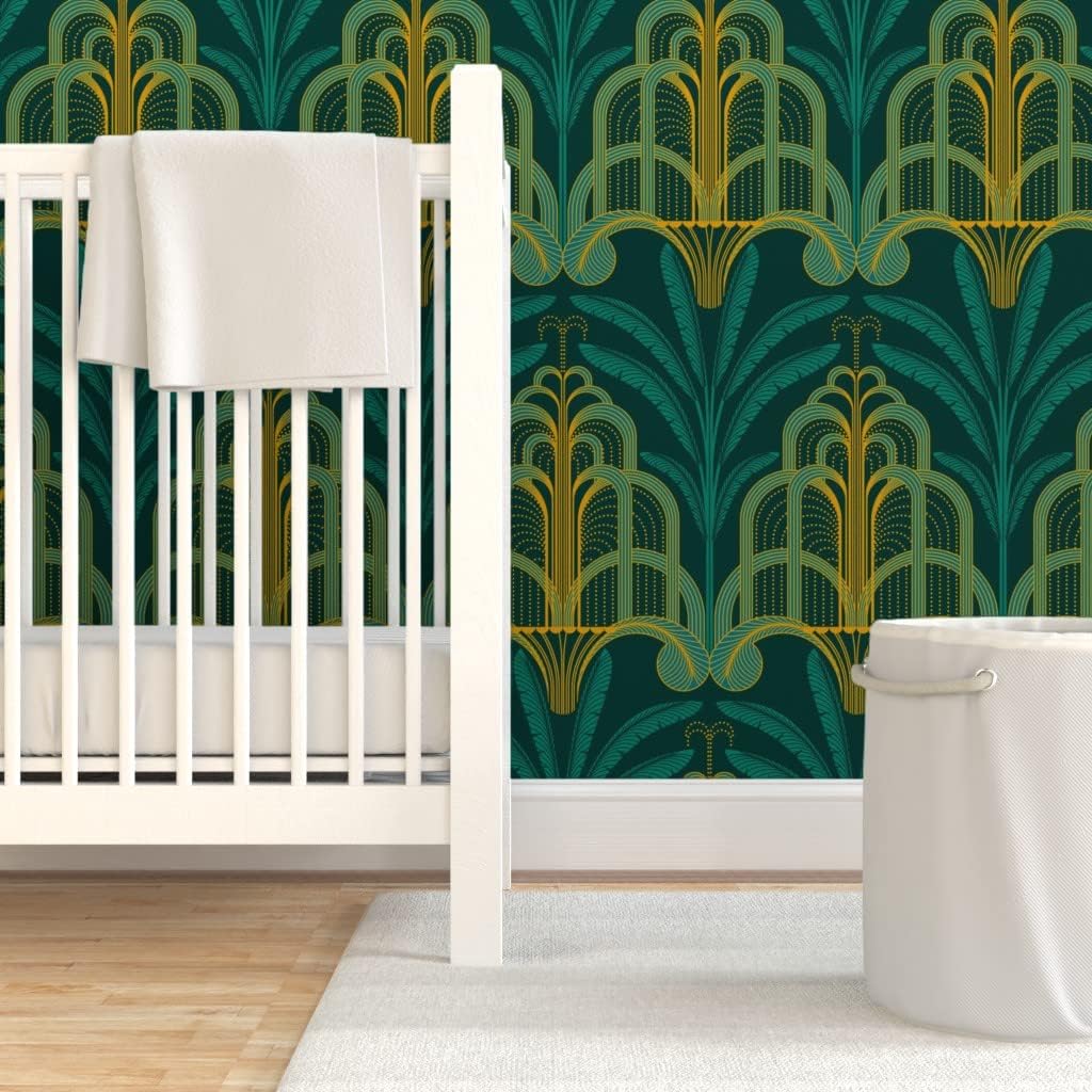Spoonflower Removable Wallpaper 3ft x 2ft - Teal Art Deco Banana Leaf Tropical Waterfall Leaves Water Palms 1920S Custom Pre-Pasted Wallpaper