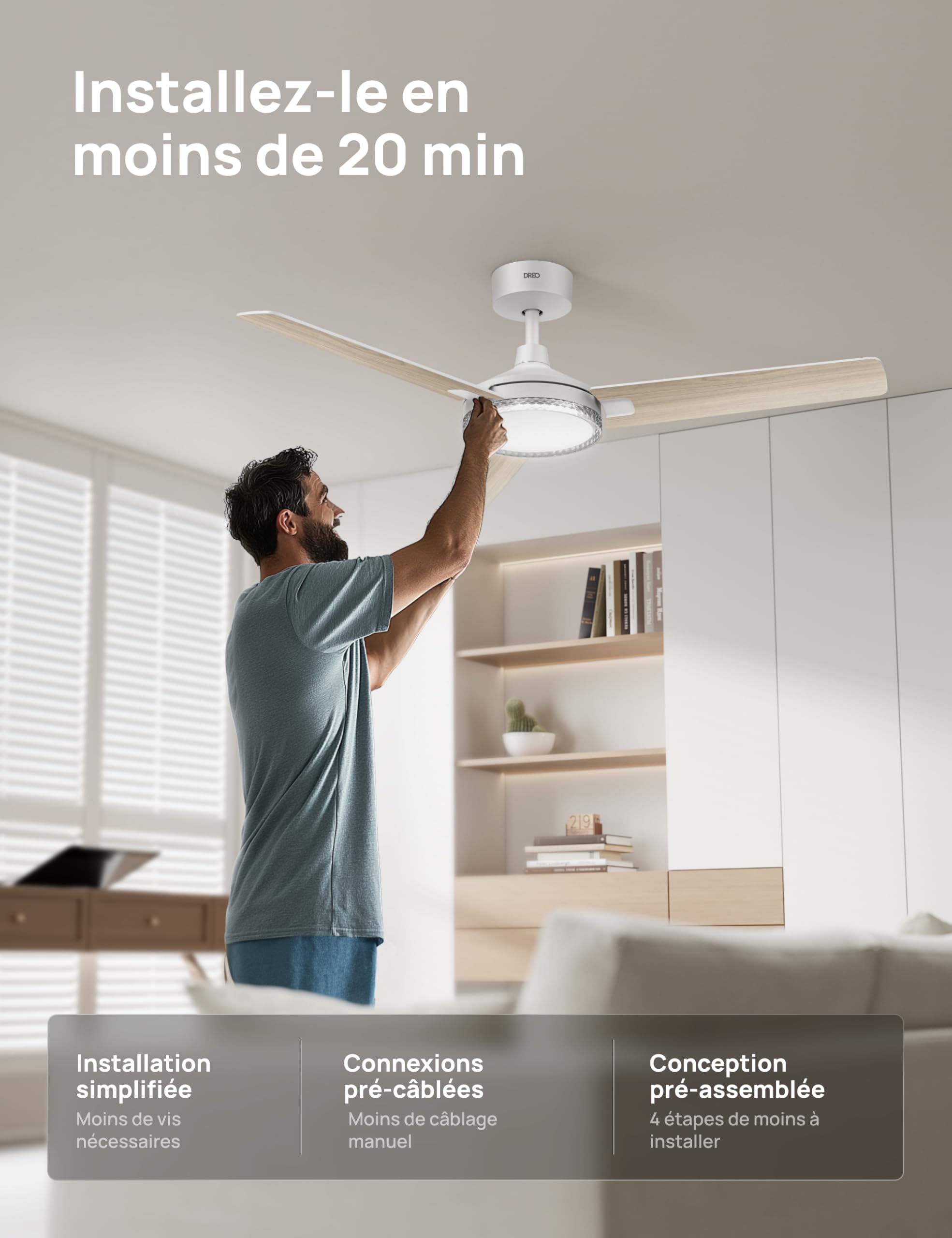 DREO ventilateur de plafond avec lumière et télécommande 132 cm, ventilateur blanc, 5 températures de couleur CCT, LED dimmable 6 niveaux, 6 vitesses, moteur CC réversible silencieux, minuterie 1/4/8h