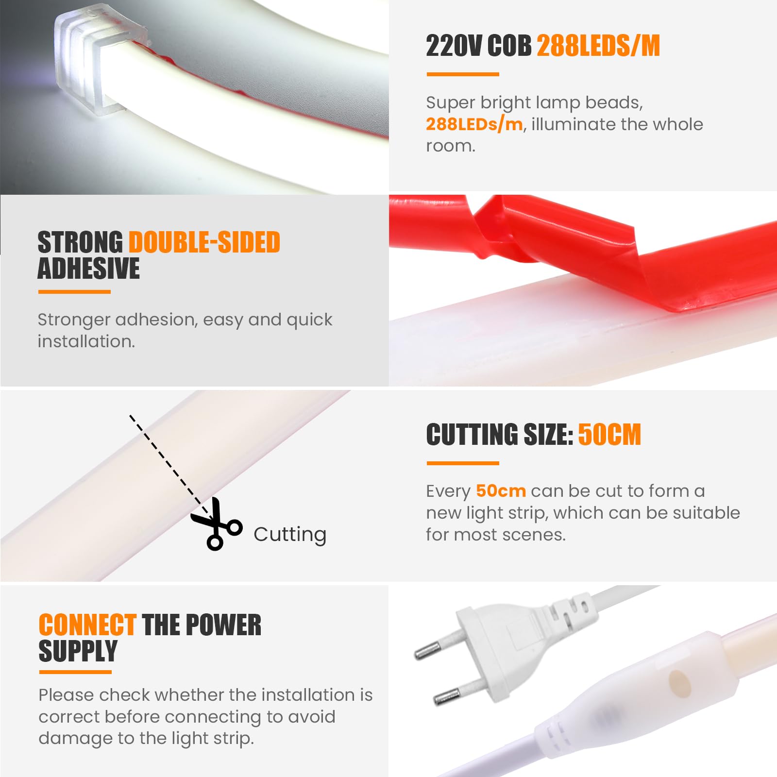 220V COB LED Neón Tira [50m,Blanco Cálido 3000-3500K]，288 LEDs/m Tira LED FCOB Cortable CRI85+，IP65 estanco flexible，Hogar/Tienda de iluminación decorativa