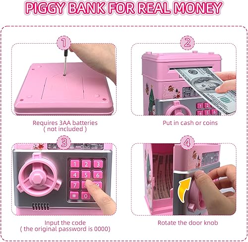 Miniatura 6 de PhilaeEC - Alcancía para niñas, cajero automático electrónico grande con protección por contraseña, caja de ahorro automático de pergamino de papel,