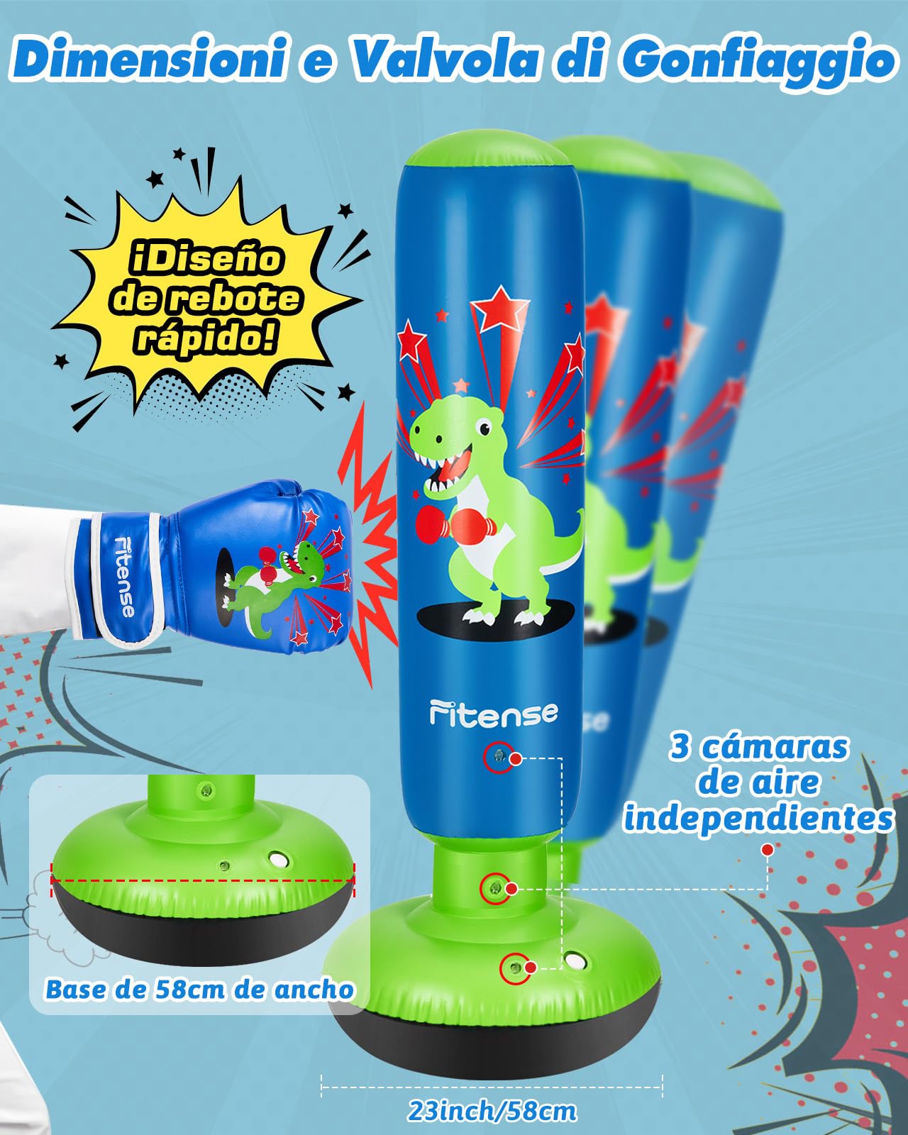 Fitense Saco de Boxeo Niños, 120cm Boxeo Saco Inflable con Guantes de Boxeo y Bomba, Punching Ball Estable para 3 a 8 Años, Set Saco de Boxeo de Pie Dinosaurio para Práctica de Karate, Taekwondo, MMA