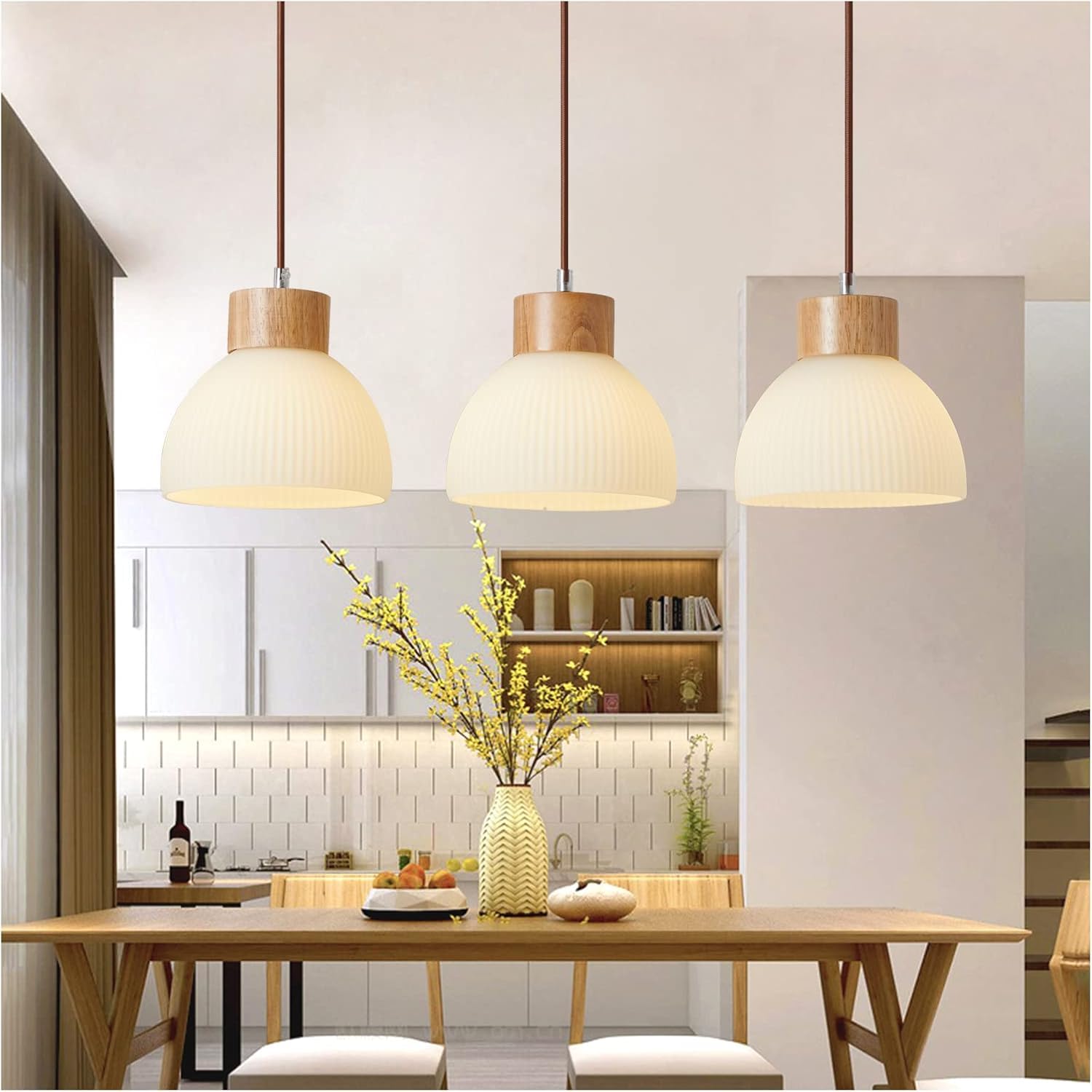 Azanaz Lampada a Sospensione Vintage Industriale - Legno e Vetro, 3 Luci E27, Cavo Regolabile - Ideale per Sala da Pranzo, Cucina, Soggiorno, Ristorante