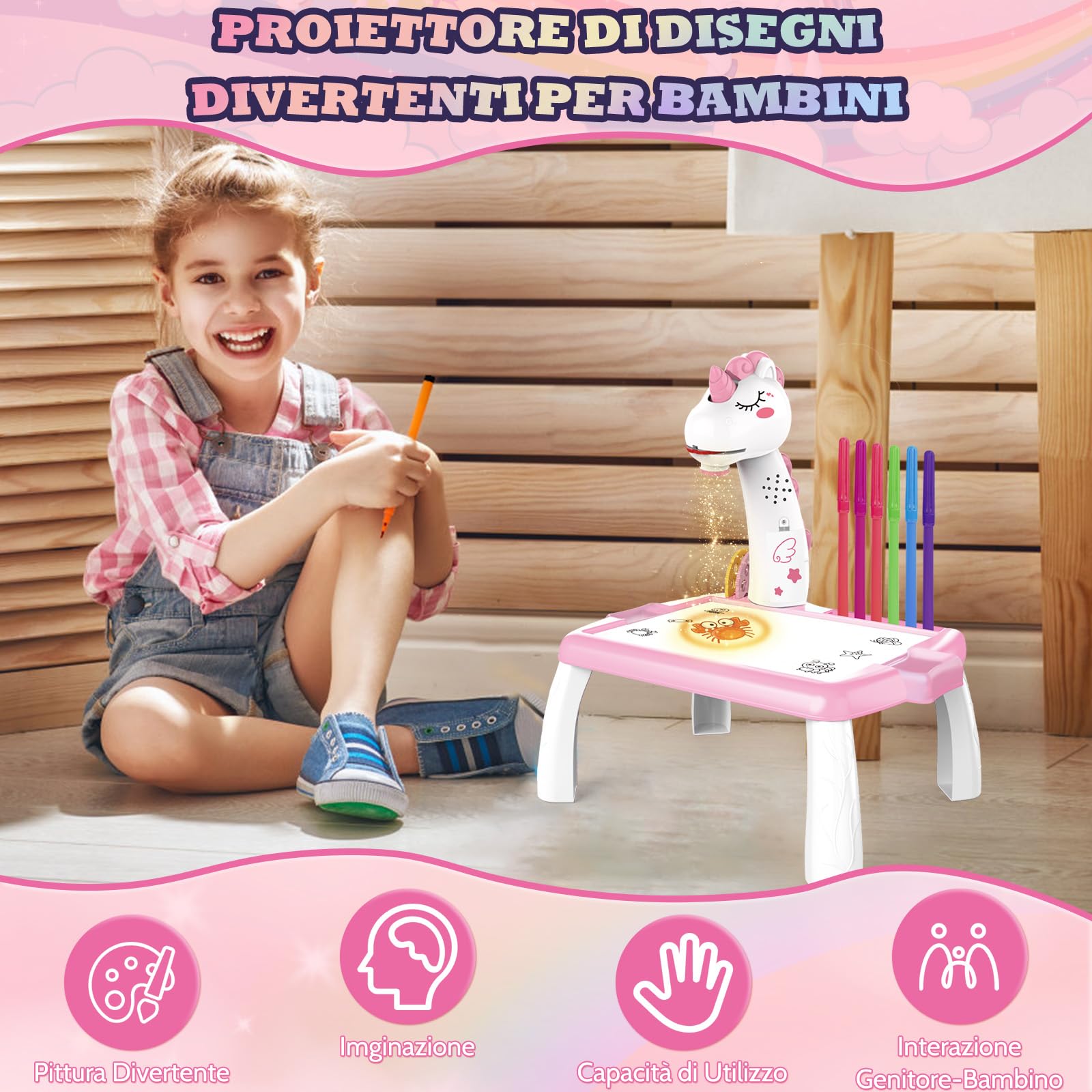 BuzzoXerex Proiettore Disegno Bambini, Tavolo da Disegno per Bambini 48 Pezzi Proiettore Colorare Bambino con 48 Motivi, Album da Disegno, Album di Adesivi, Penne Colorate per 3-10 Anni (Rosa)