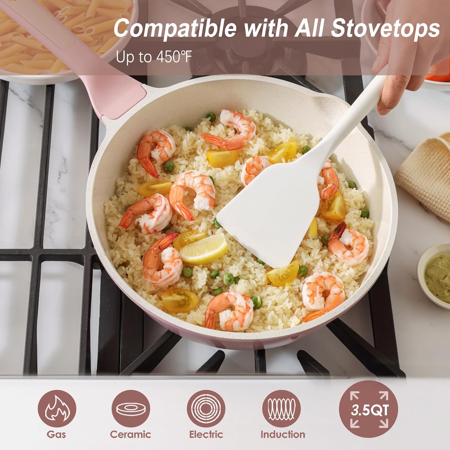 SENSARTE Nonstick Ceramic Skillet with Lid 10-inch, 3.5QT Non Toxic Deep Frying Pan, Saute Pan with Lid, Stay-cool Handle, Healthy Cooking Pot, Induction Compatible, Pink - Image 4