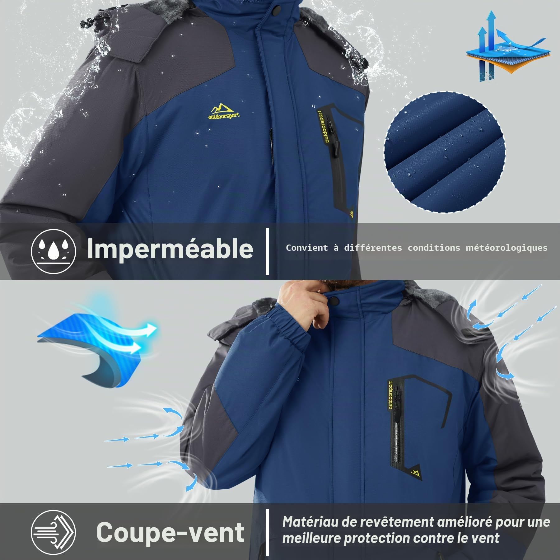 KEFITEVD Vestes polaires imperméables pour hommes Hiver Chaud Ski Imperméables Manteaux de randonnée en plein air avec capuche amovible