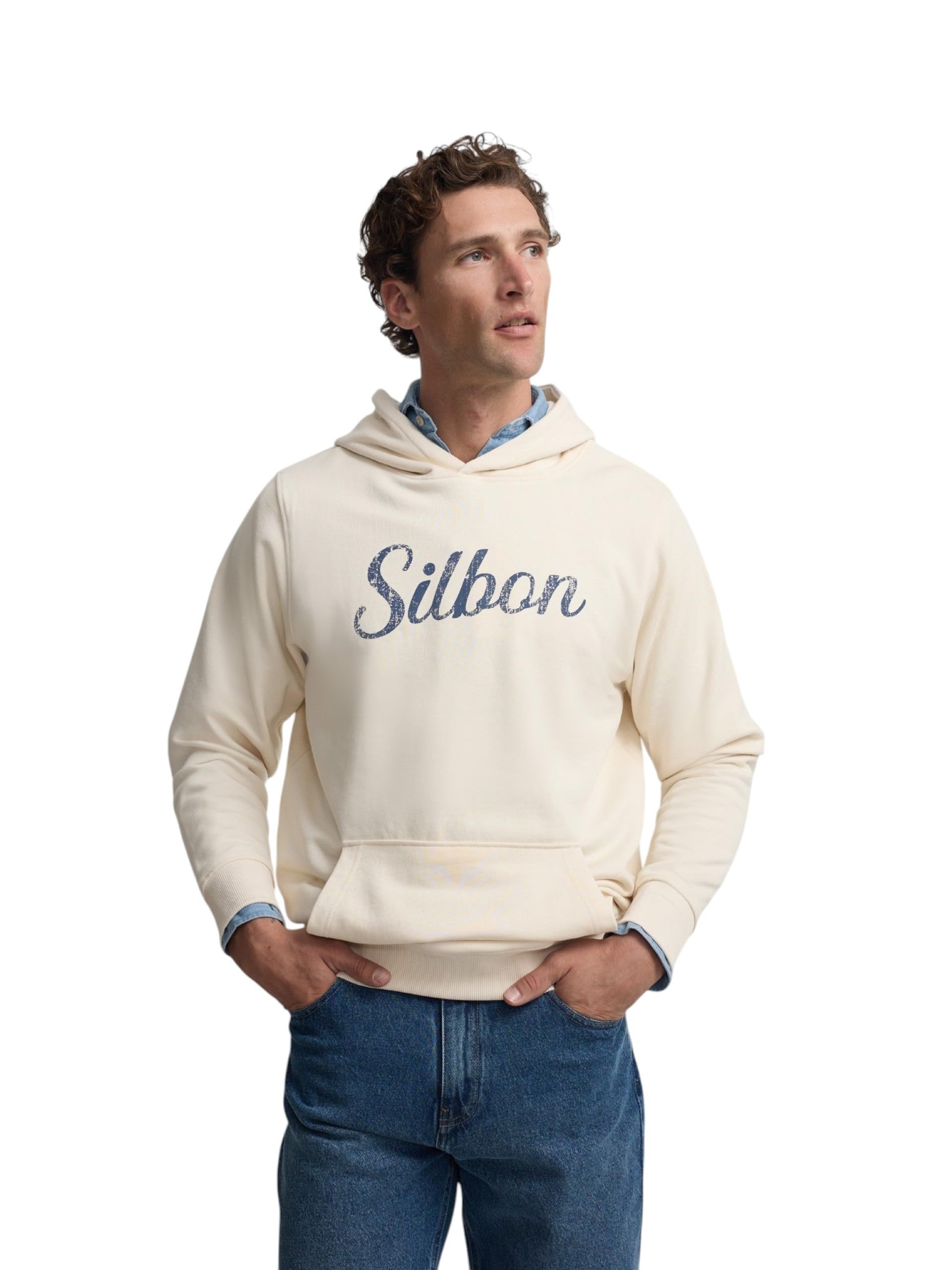 SILBON Sudadera Capucha Vintage Crema para Hombre Talla XS