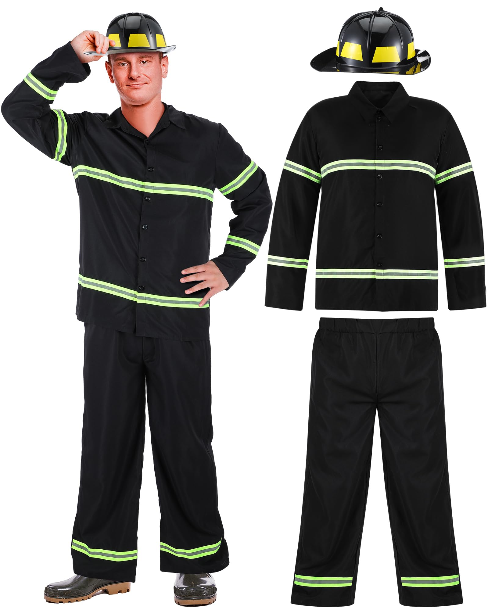 Hicarer 3 Pcs Firefighter Costume for Men Fireman Helmet Jacket Pants Firefighter Halloween Cosplay Party Outfit