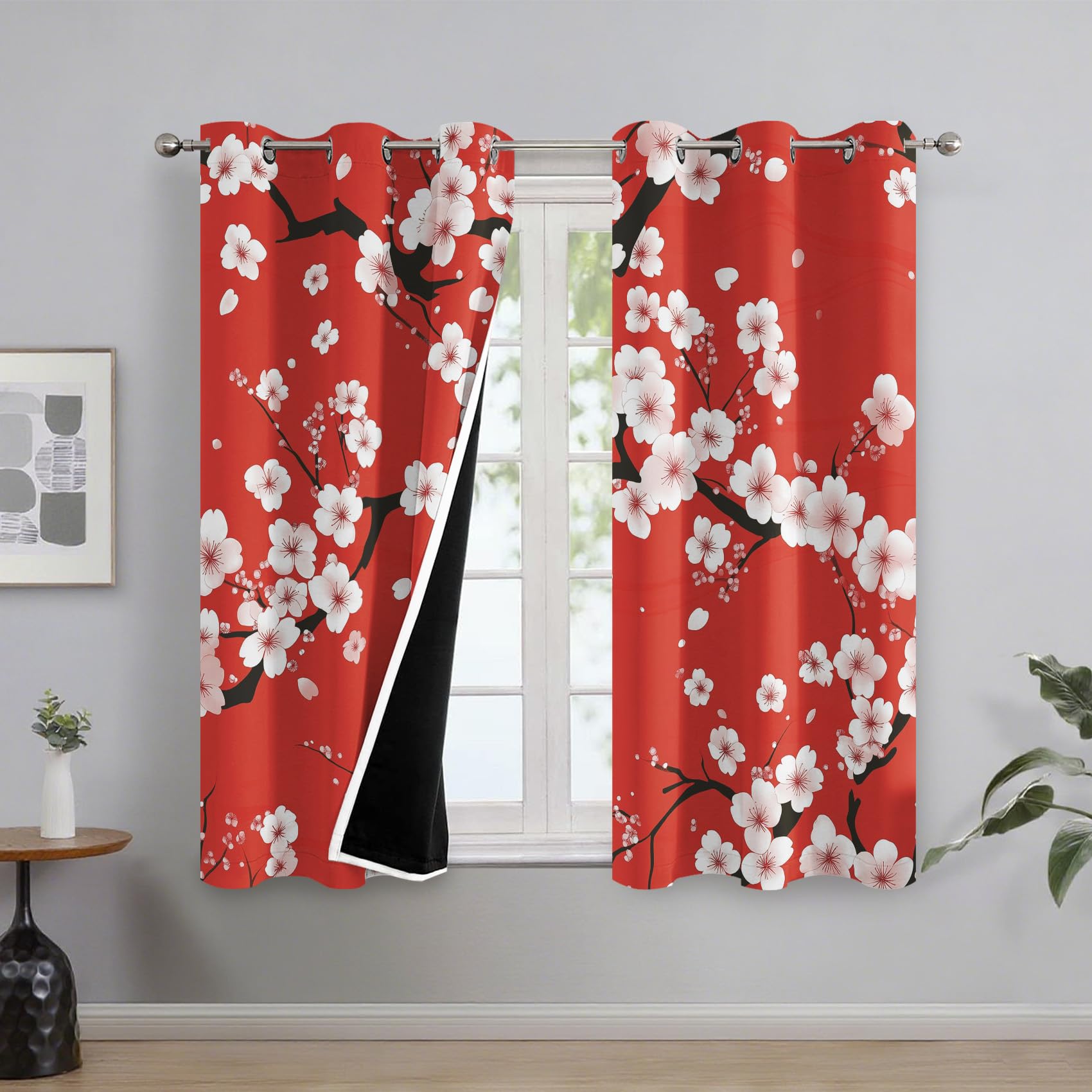 Generisch Kirschblüten Vorhänge Wohnzimmer, Vorhang Blickdicht Japanischer Stil Gardinen mit Ösen Schlafzimmer, Thermo Verdunklungsvorhänge 2er Set H240 x B140 cm pw&47