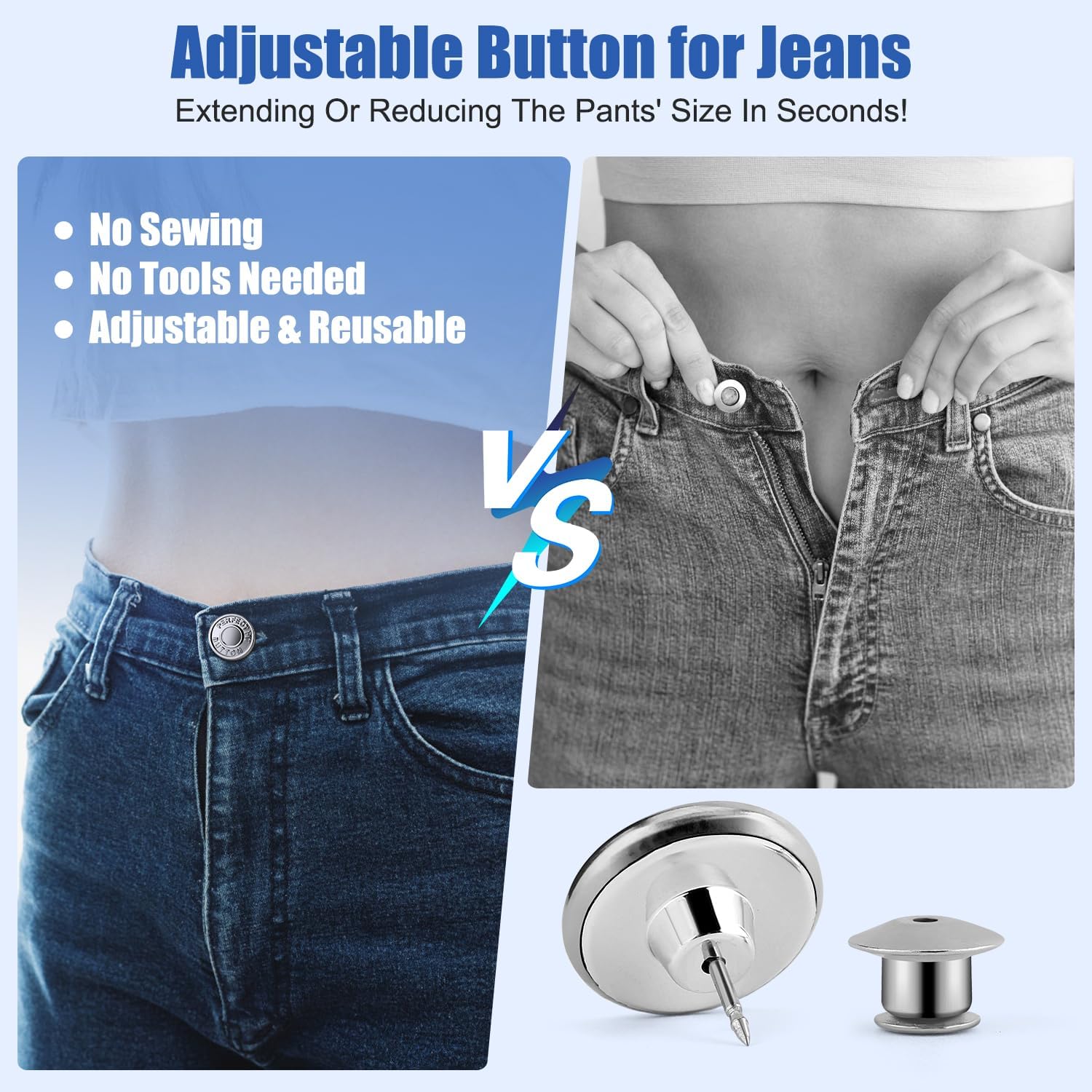 Jean Buttons for Loose Jeans, Button Pins for Jeans to Make Smaller, No Sew Button Replacement, Adjustable and Reusable Waist Tightener (12)