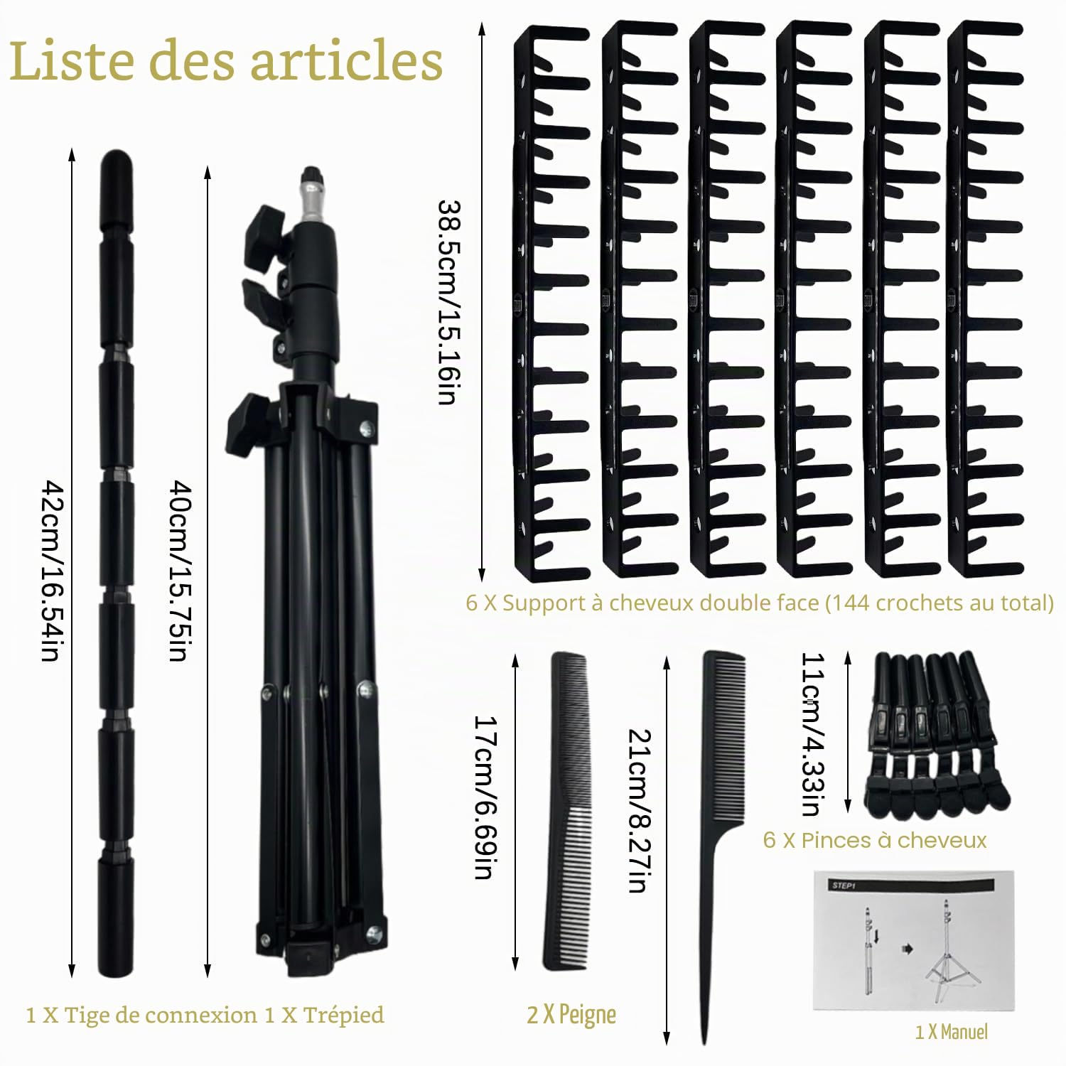 Funvalley Surperfect Support de tressage avec 144 piquets, support d'extension de cheveux réglable en hauteur, support double face pour perruque, séparateur de cheveux pour salon de coiffure, maison